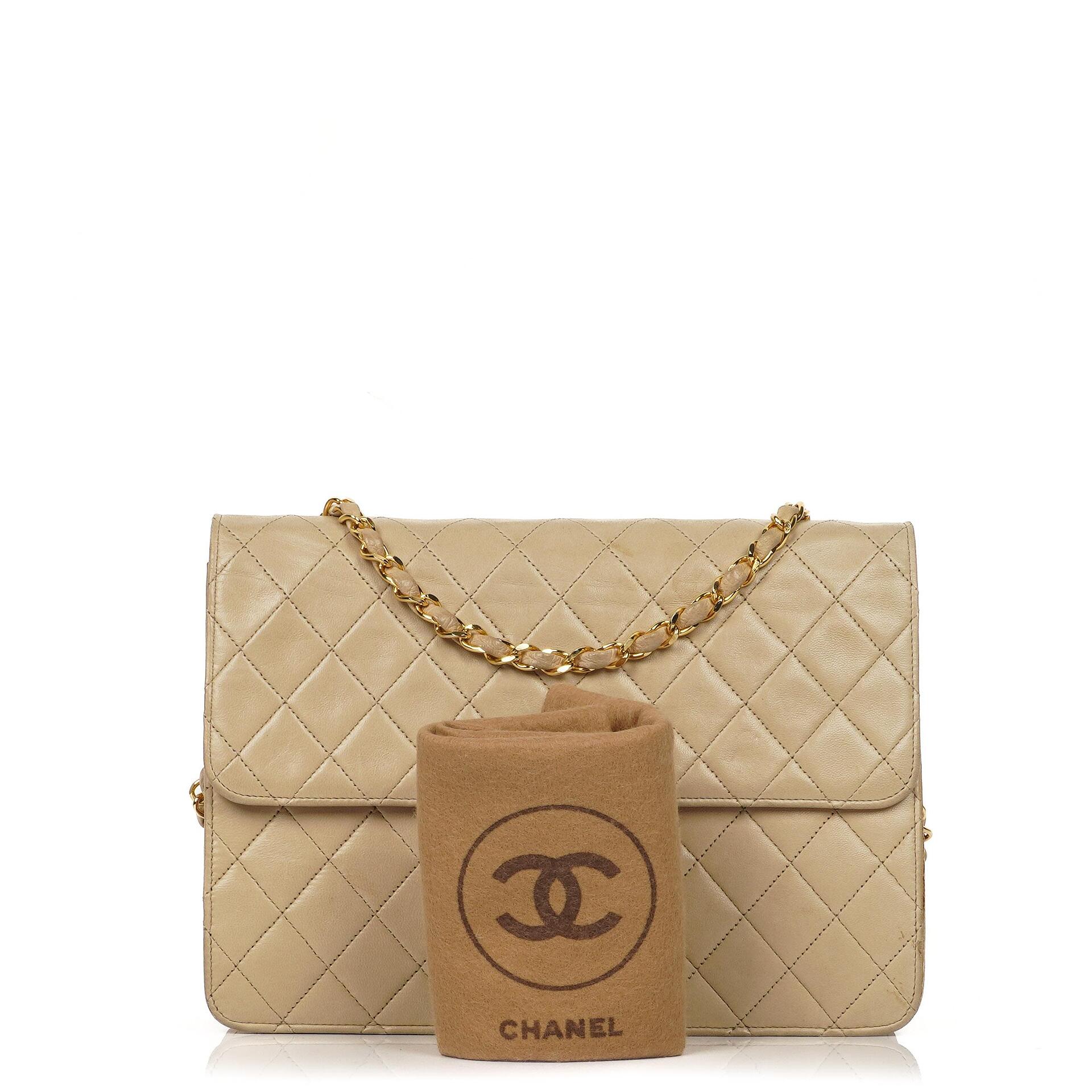 Chanel Medium Classic Beige Ivory Quilted Lambskin Single Flap Bag With 24K Gold-Plated Hardware