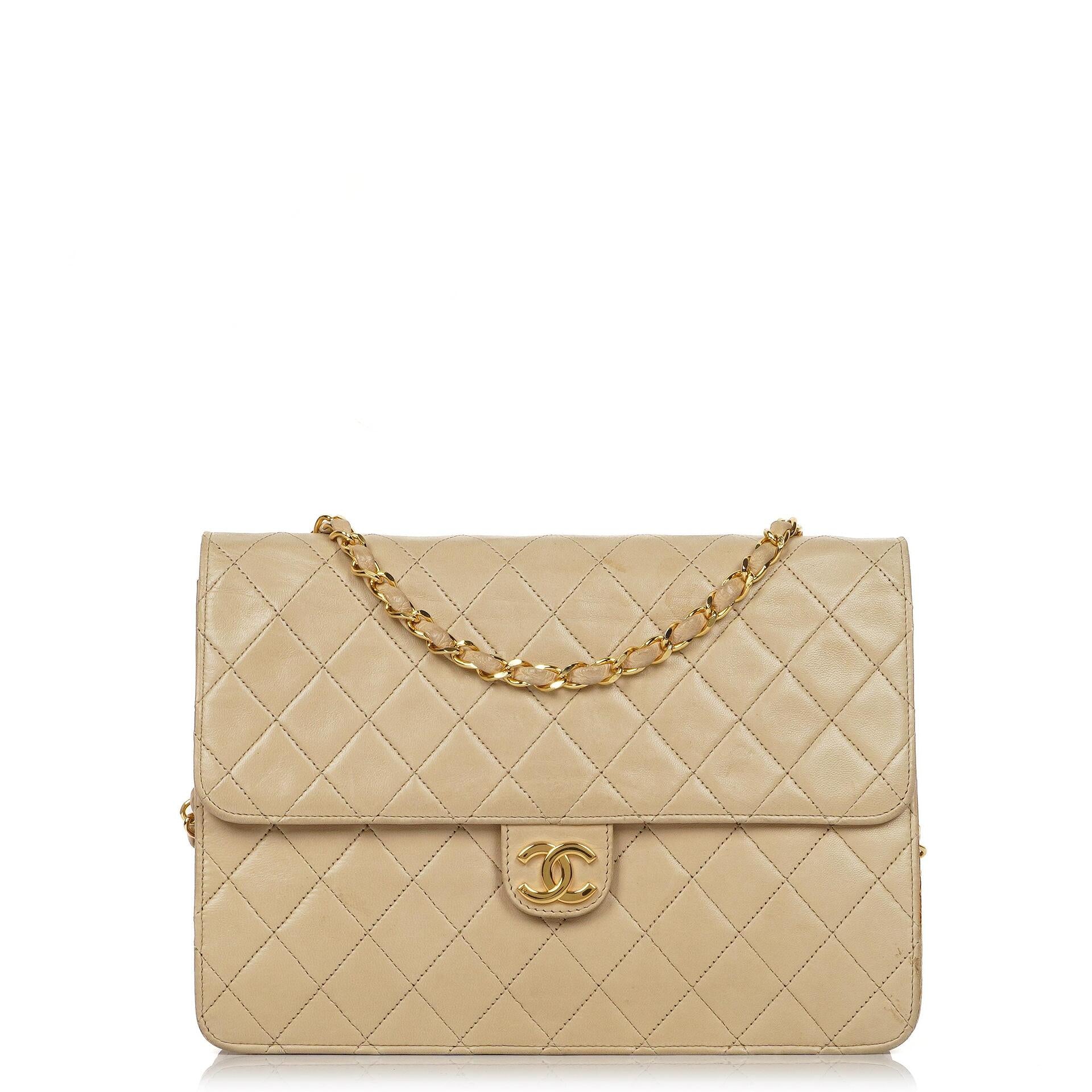 Chanel Medium Classic Beige Ivory Quilted Lambskin Single Flap Bag With 24K Gold-Plated Hardware