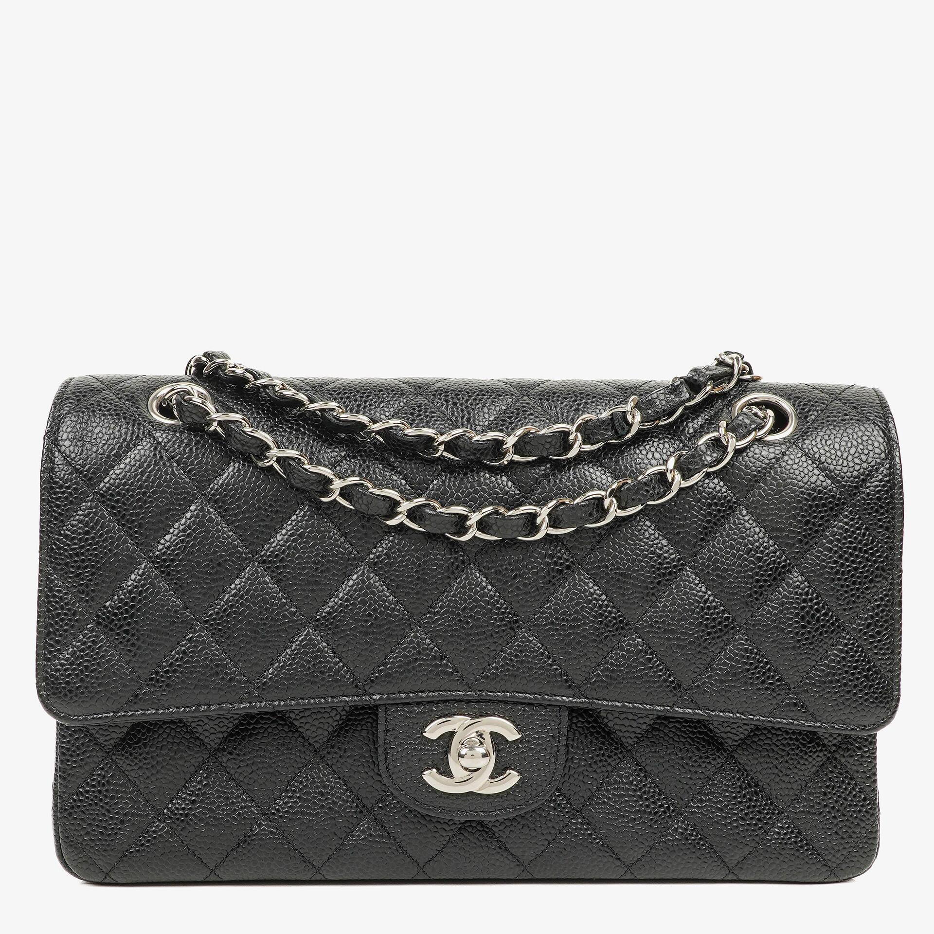 Chanel Medium Classic Black Quilted Caviar Double Flap Bag With Silver - Tone Hardware