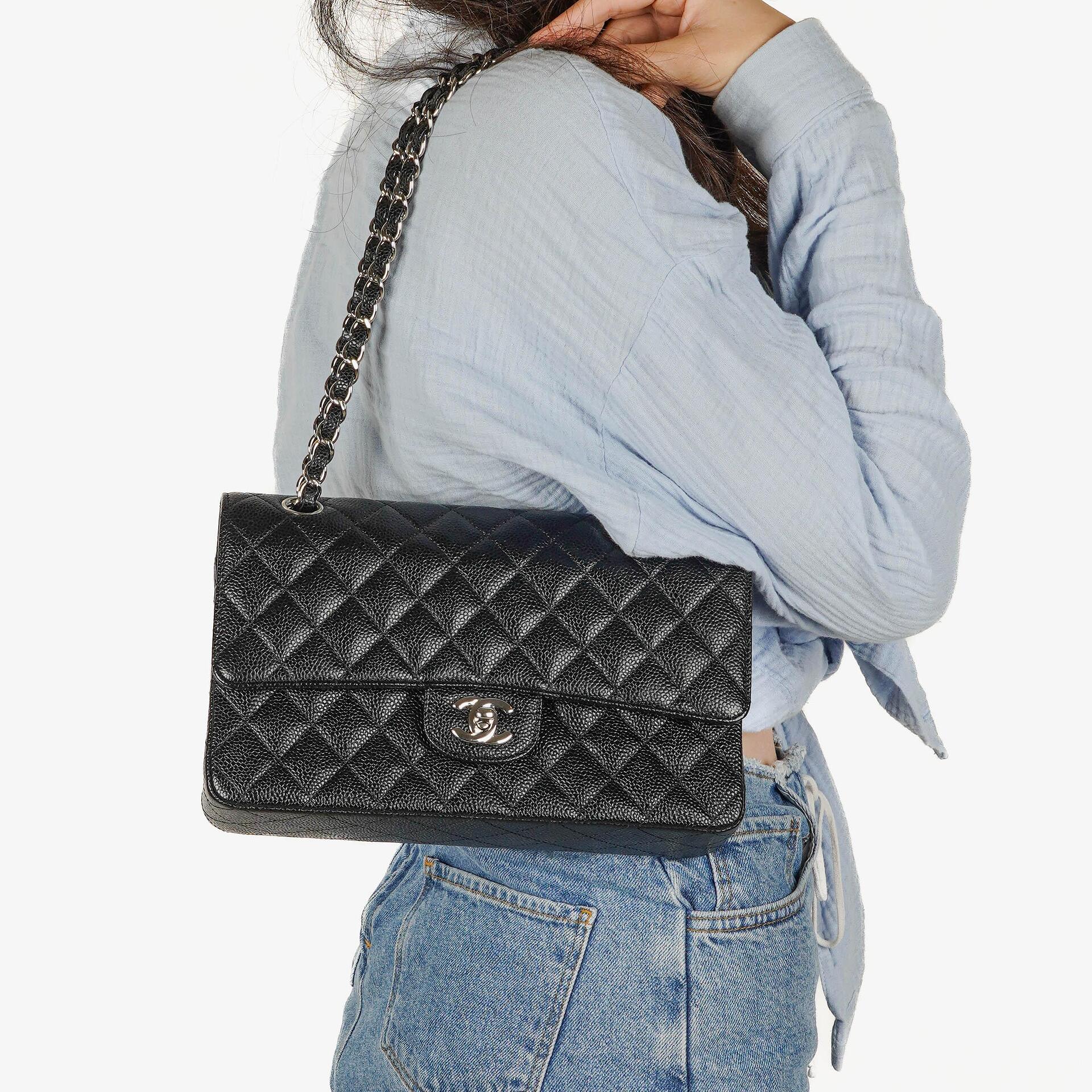 Chanel Medium Classic Black Quilted Caviar Double Flap Bag With Silver - Tone Hardware