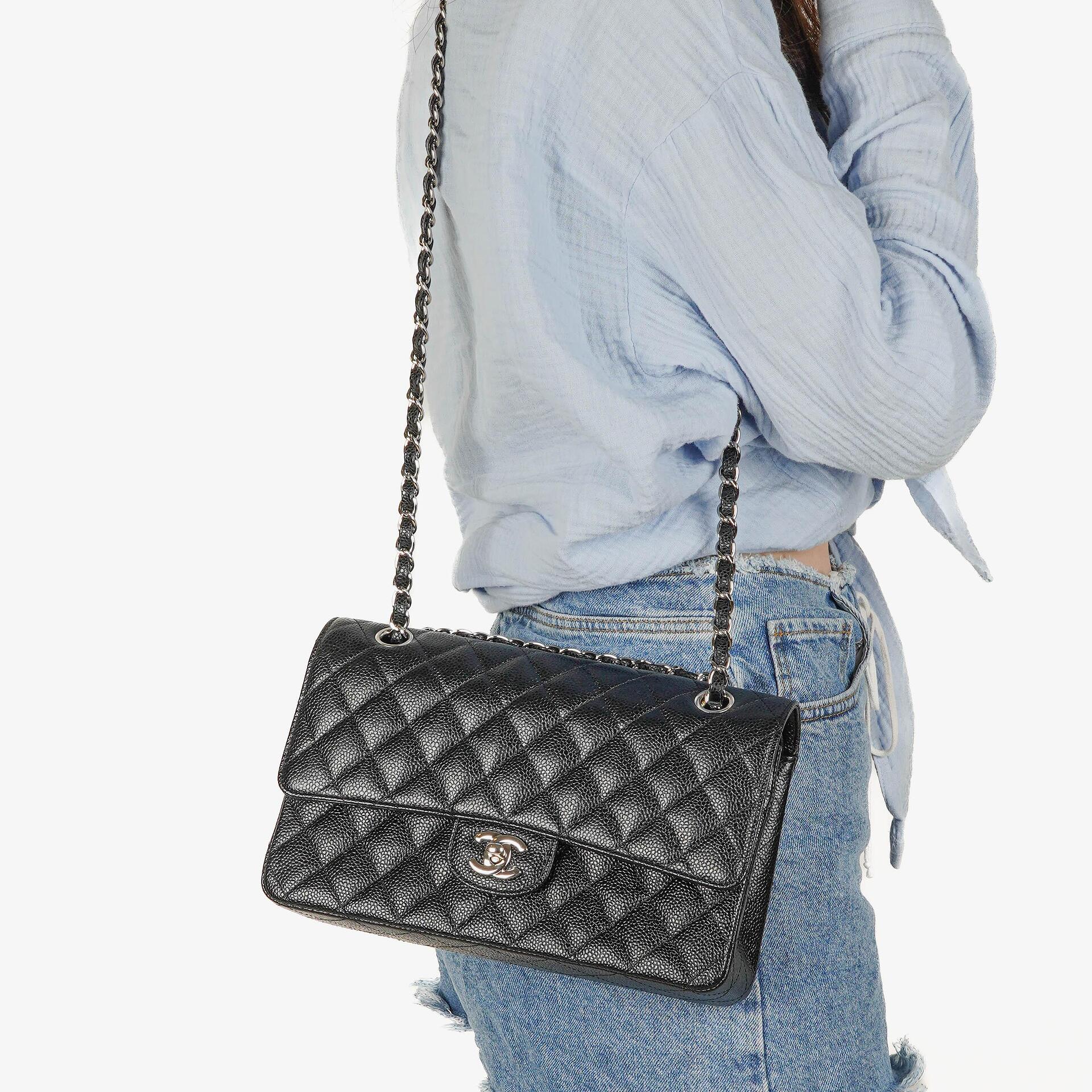 Chanel Medium Classic Black Quilted Caviar Double Flap Bag With Silver - Tone Hardware