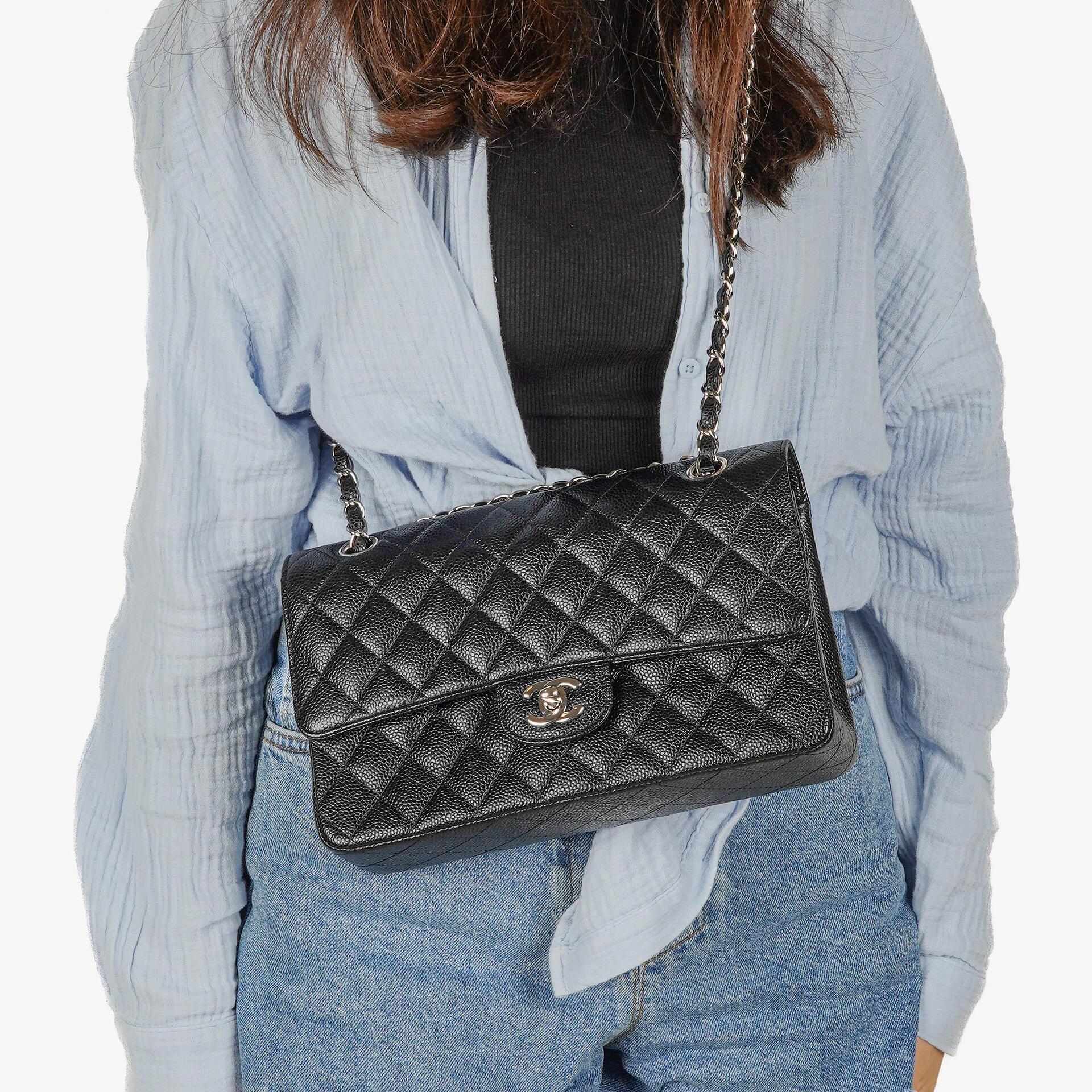 Chanel Medium Classic Black Quilted Caviar Double Flap Bag With Silver - Tone Hardware