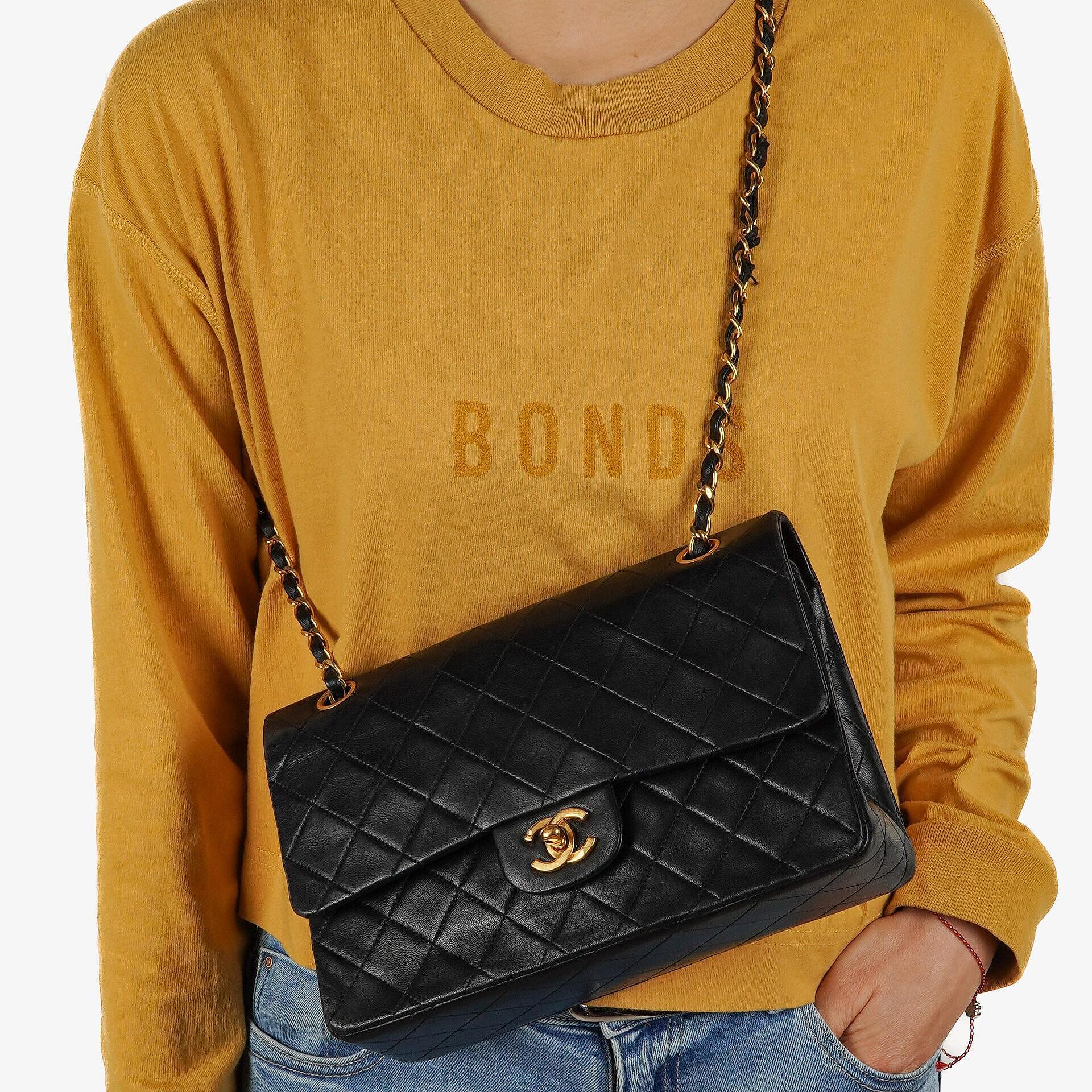 Chanel Medium Classic Black Quilted Lambskin Double Flap Bag With 24K Gold-Plated Hardware
