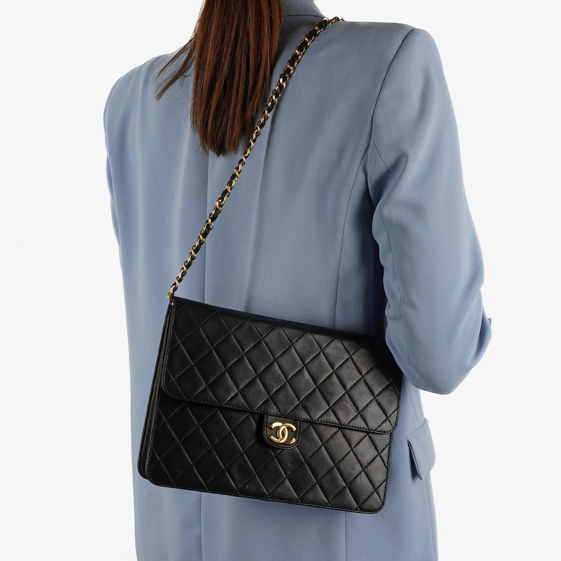 Chanel Medium Classic Black Quilted Lambskin Single Flap Bag With 24K Gold-Plated Hardware