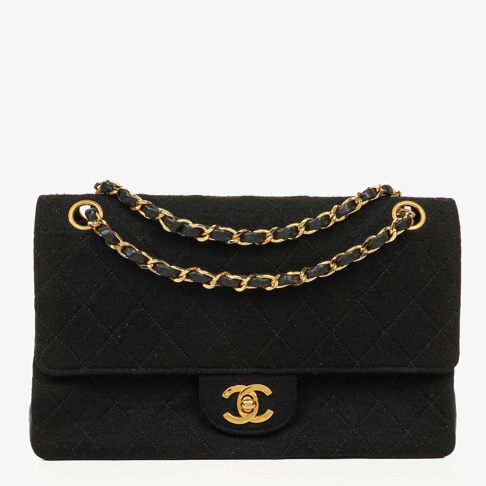 Chanel Medium Classic Double Flap Bag Black Quilted Jersey With 24K Gold-Plated Hardware