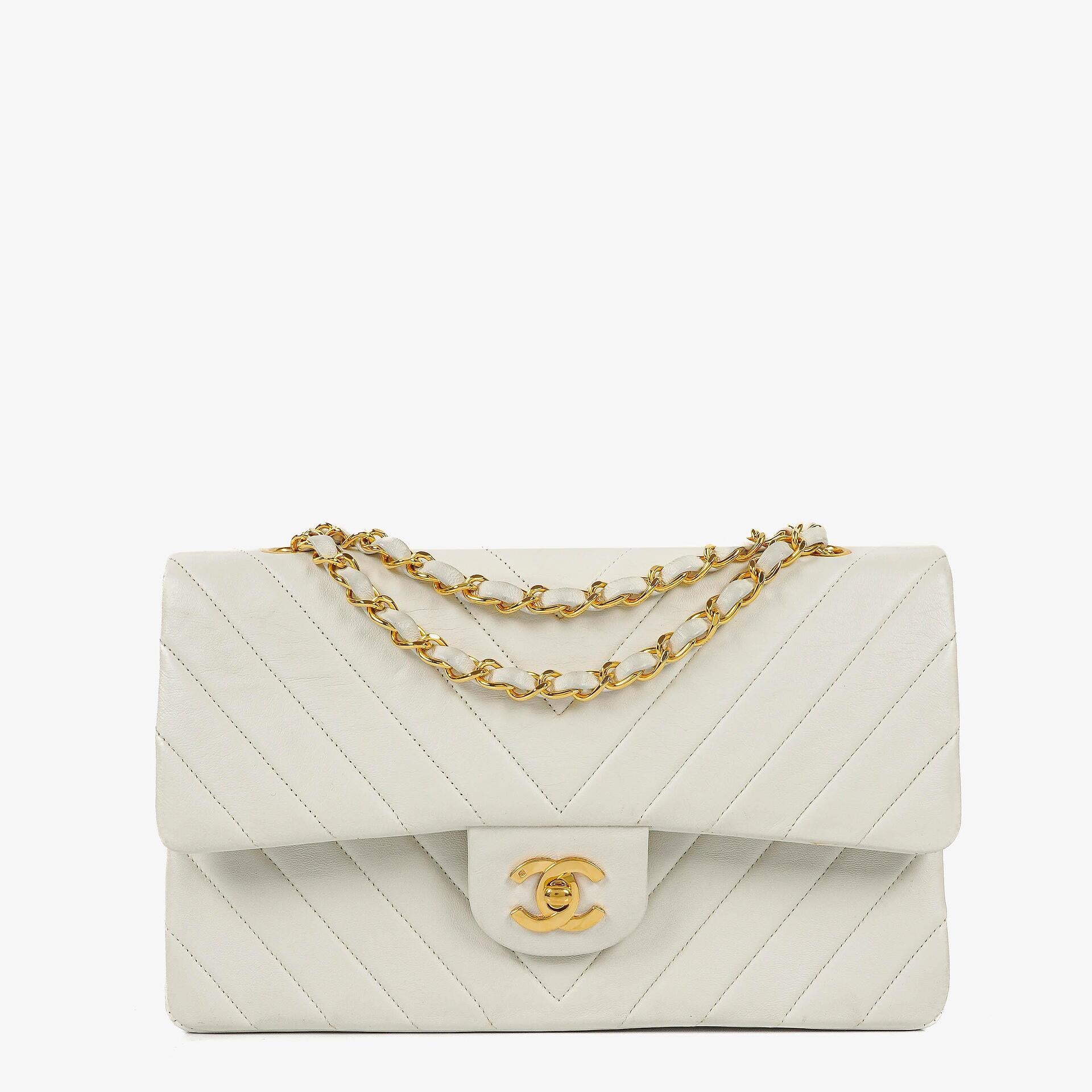 Chanel Medium Classic Double Flap Bag White Chevron Quilted Lambskin 24K Gold-Plated Hardware