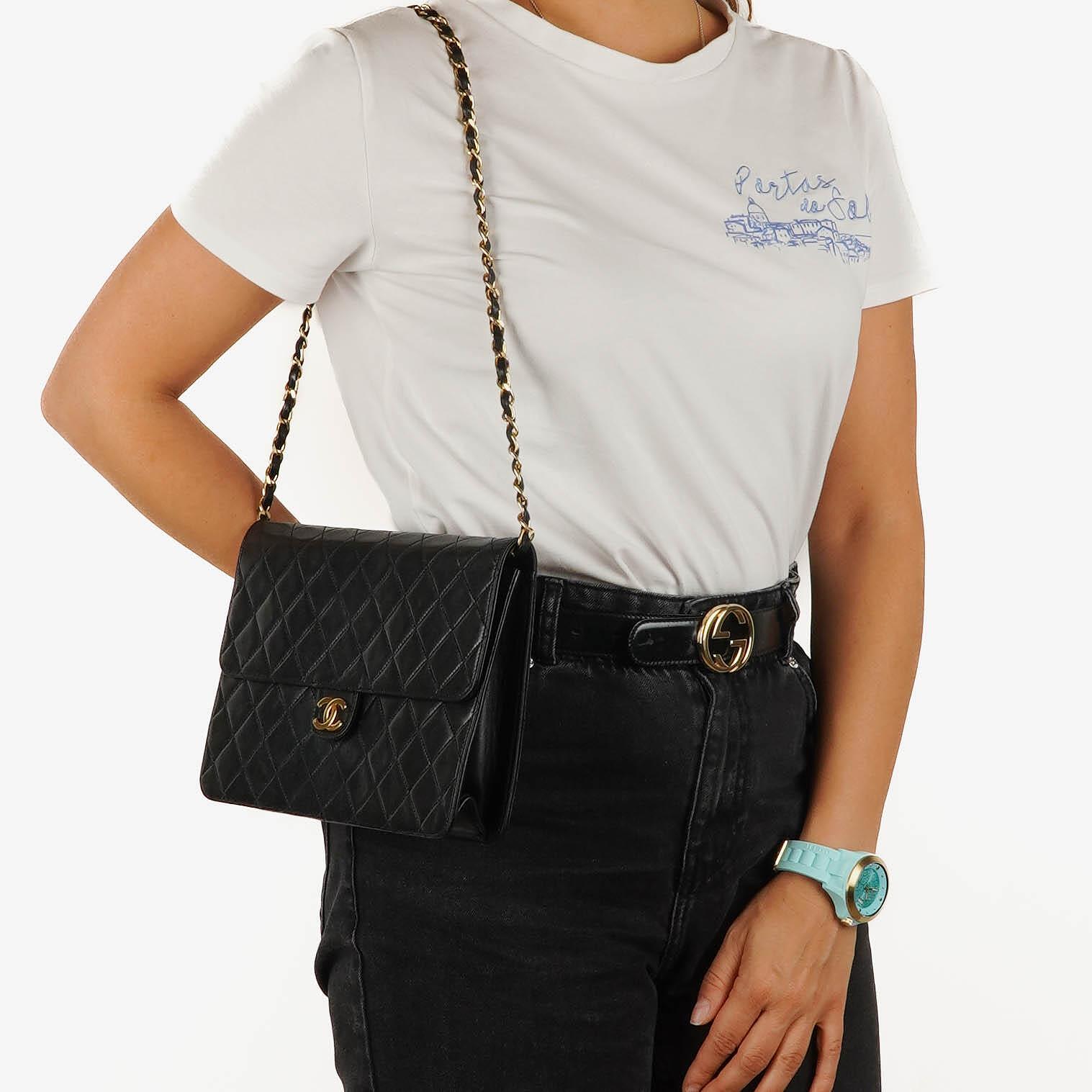 Chanel Medium Classic Single Flap Bag Black Quilted Lambskin 24K Gold-Plated Hardware