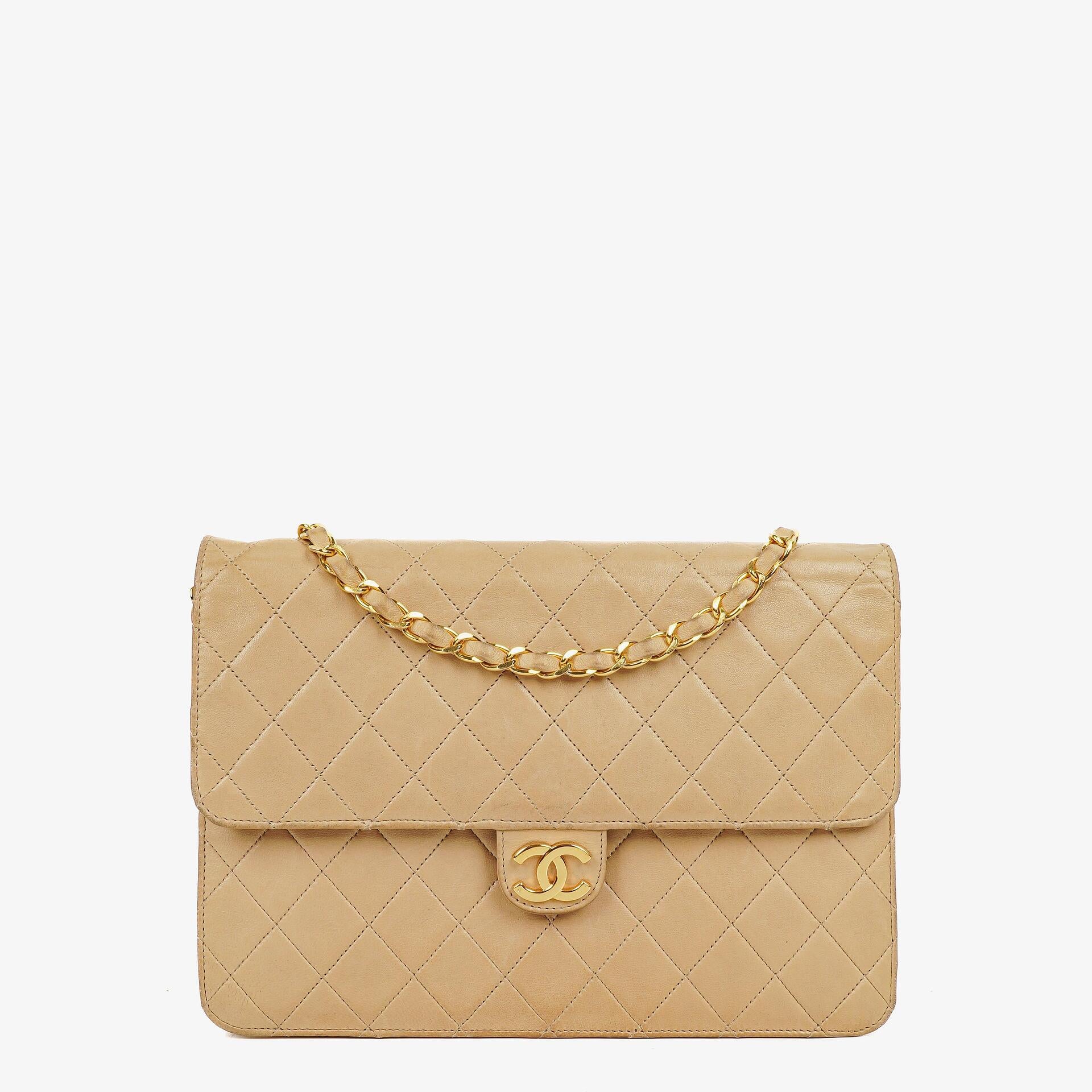 Chanel Medium Classic Single Flap Bag In Beige Quilted Lambskin With 24K Gold-Plated Hardware