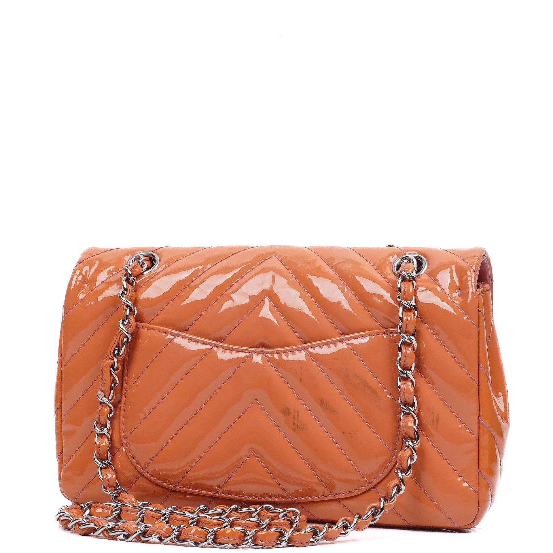 Chanel Medium Classic Single Flap Bag Orange Chevron Quilted Patent Leather Silver-Tone Hardware