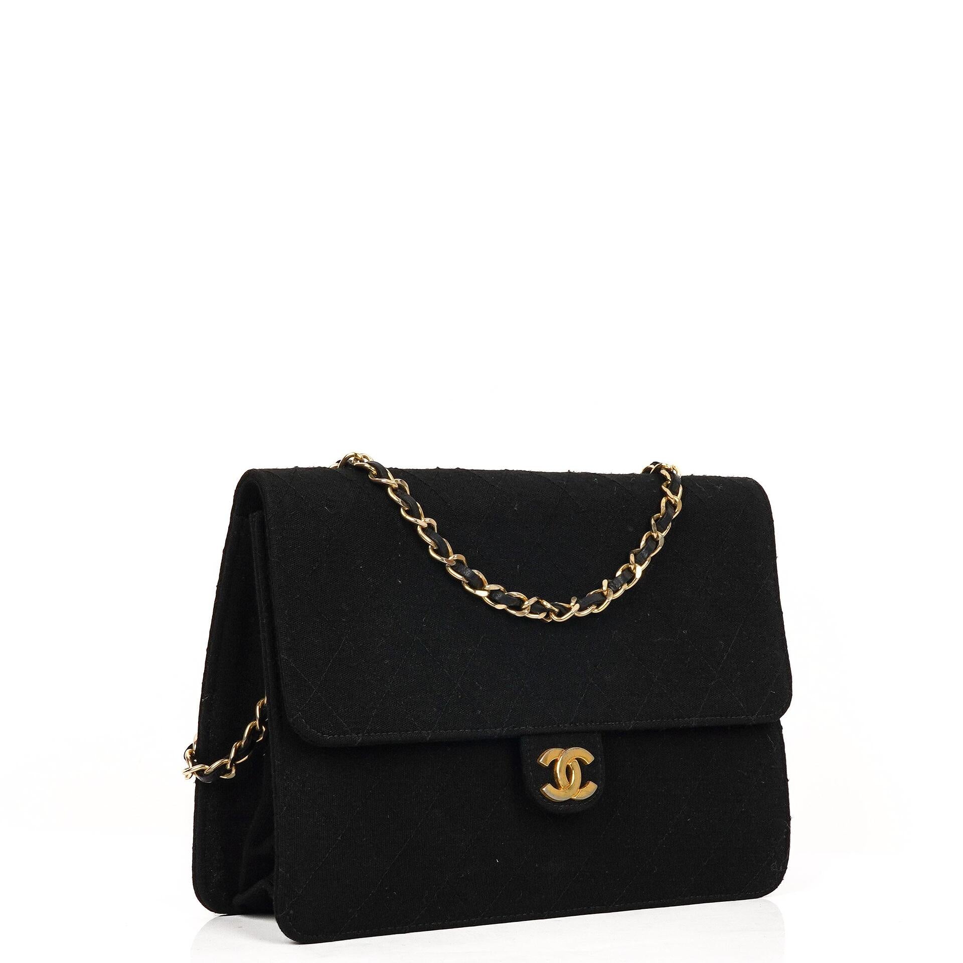 Chanel Medium Classic Vintage Black Quilted Jersey Single Flap Bag With Gold-Tone Hardware