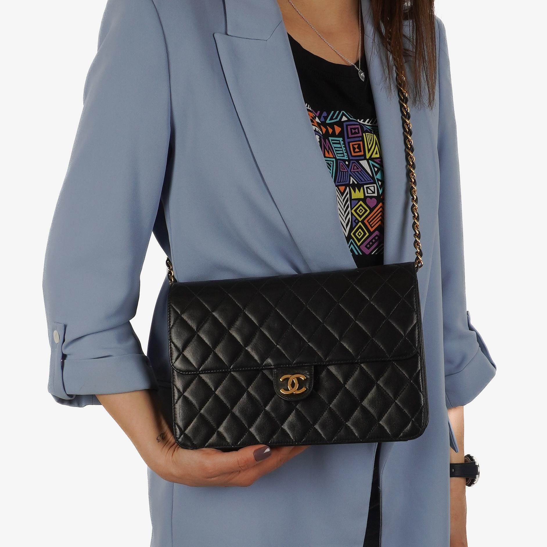 Chanel Medium Classic Vintage Black Quilted Lambskin Single Flap Bag With 24K Gold-Plated Hardware