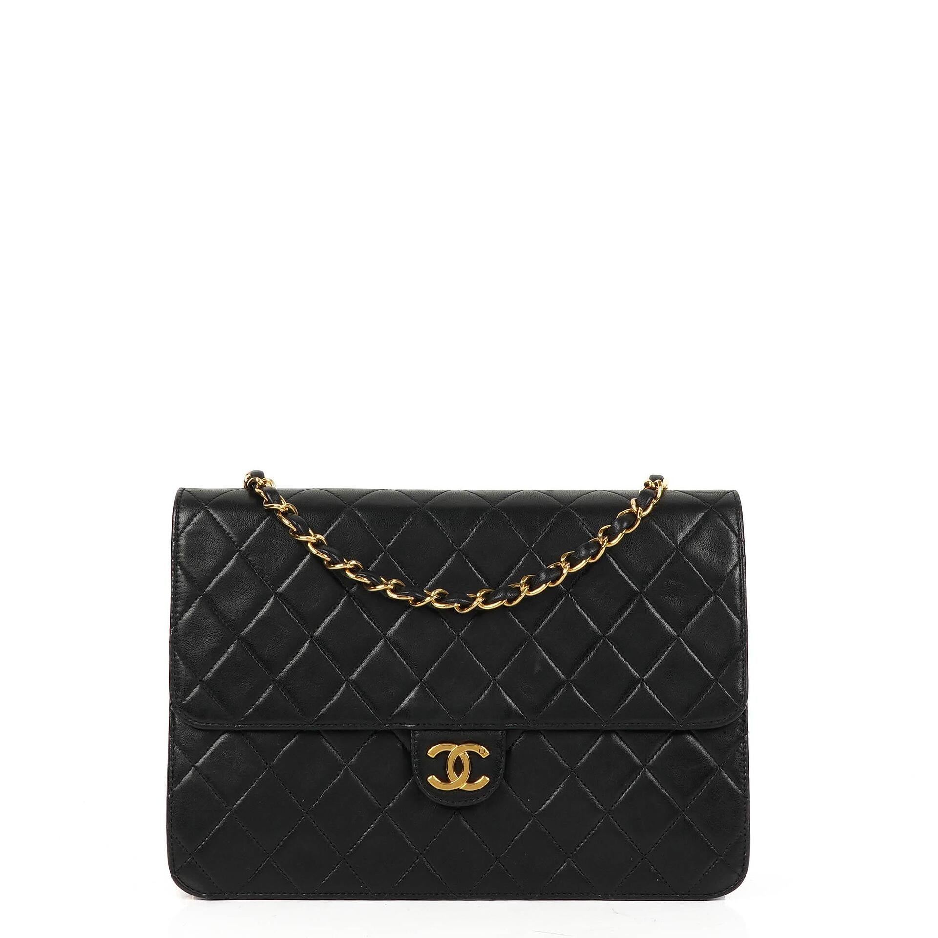 Chanel Medium Classic Vintage Black Quilted Lambskin Single Flap Bag With 24K Gold-Plated Hardware