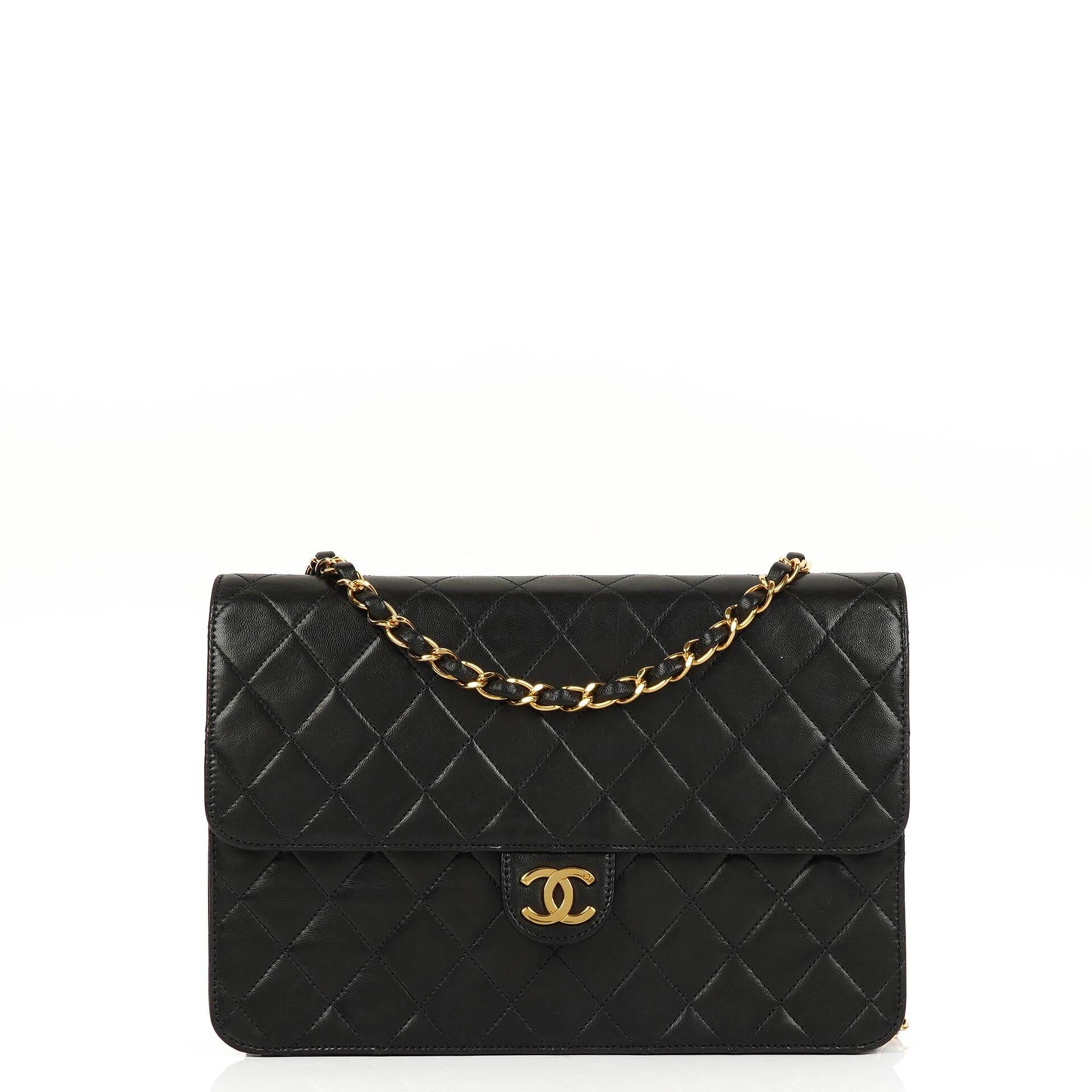 Chanel Medium Classic Vintage Black Quilted Lambskin Single Flap Bag With 24K Gold-Plated Hardware