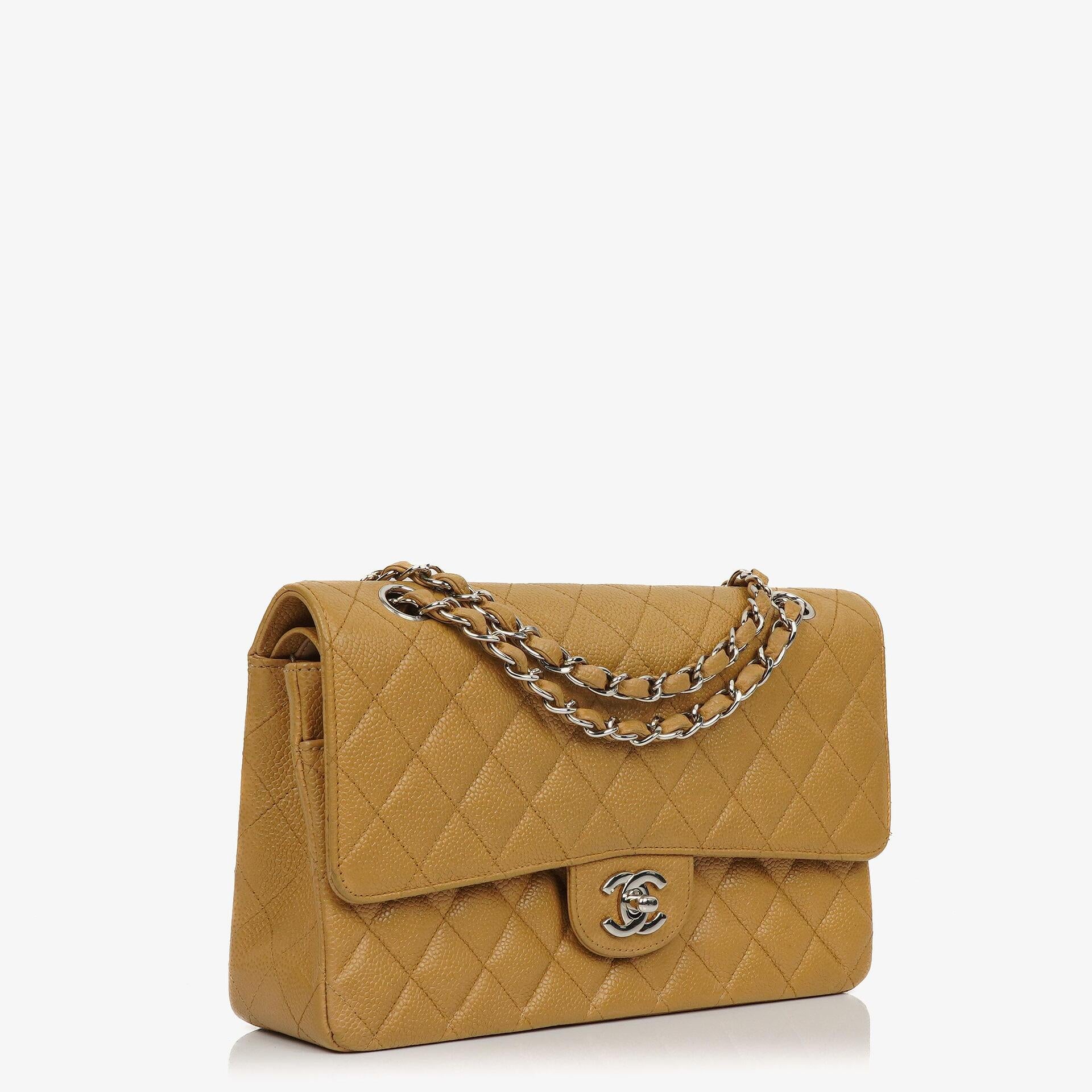 Chanel Medium Classic Vintage Double Flap Bag Beige Quilted Caviar Leather With Silver-Tone Hardware