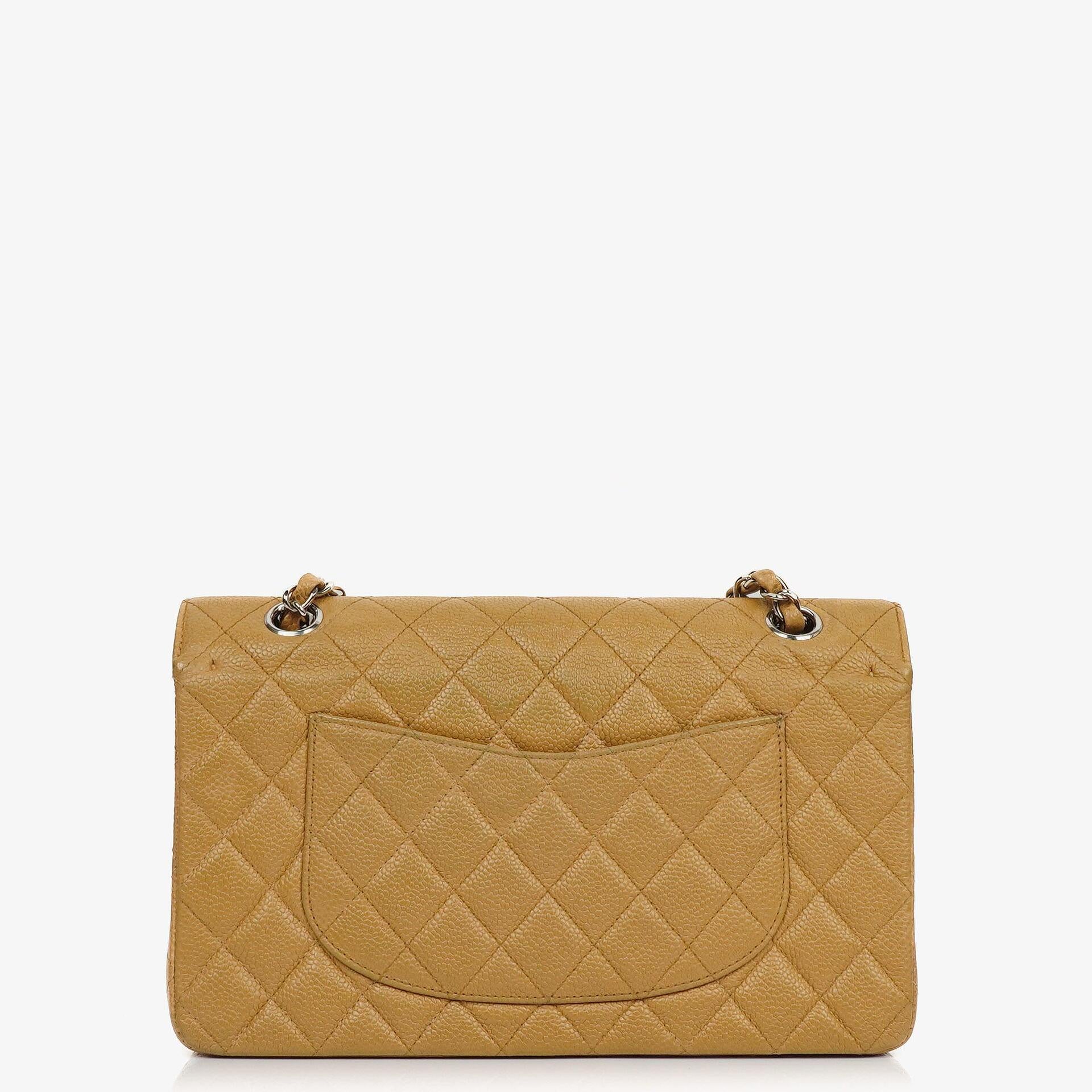 Chanel Medium Classic Vintage Double Flap Bag Beige Quilted Caviar Leather With Silver-Tone Hardware