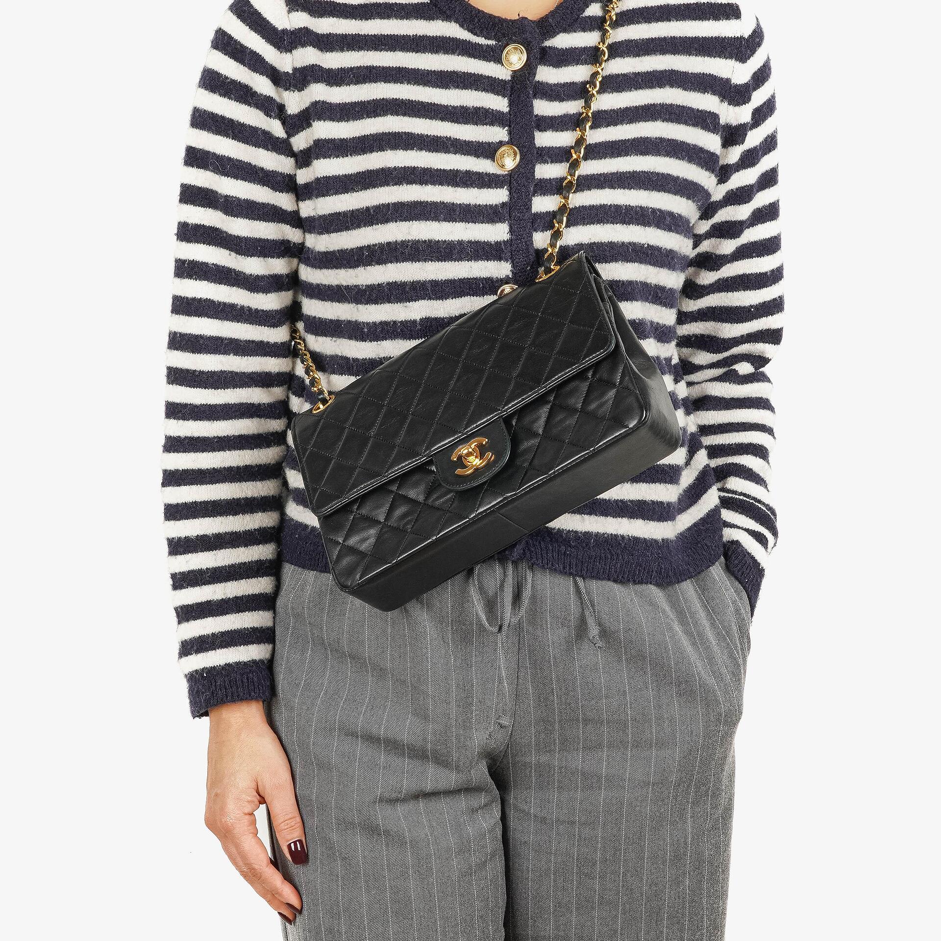Chanel Medium Classic Vintage Double Flap Bag Black Quilted Lambskin 24K Gold-Plated Hardware