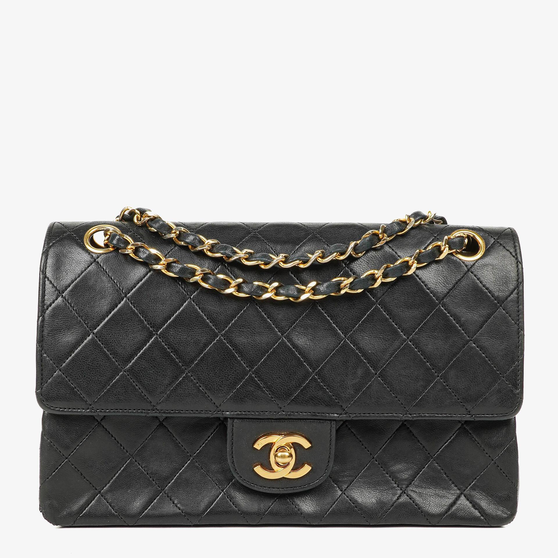 Chanel Medium Classic Vintage Double Flap Bag Black Quilted Lambskin 24K Gold-Plated Hardware