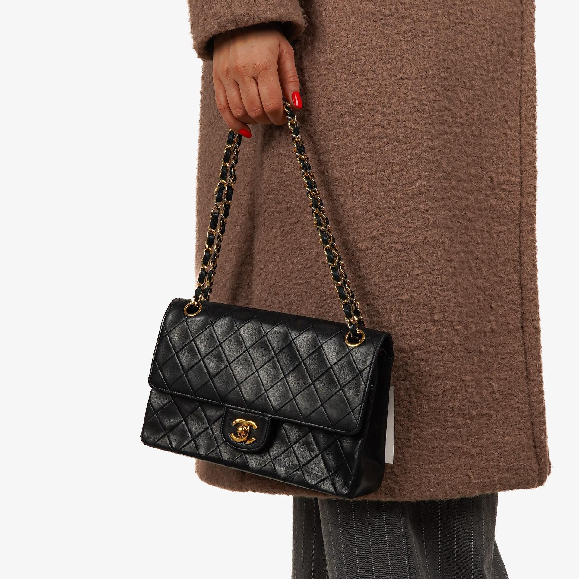 Chanel Medium Classic Vintage Double Flap Bag Black Quilted Lambskin 24K Gold-Plated Hardware