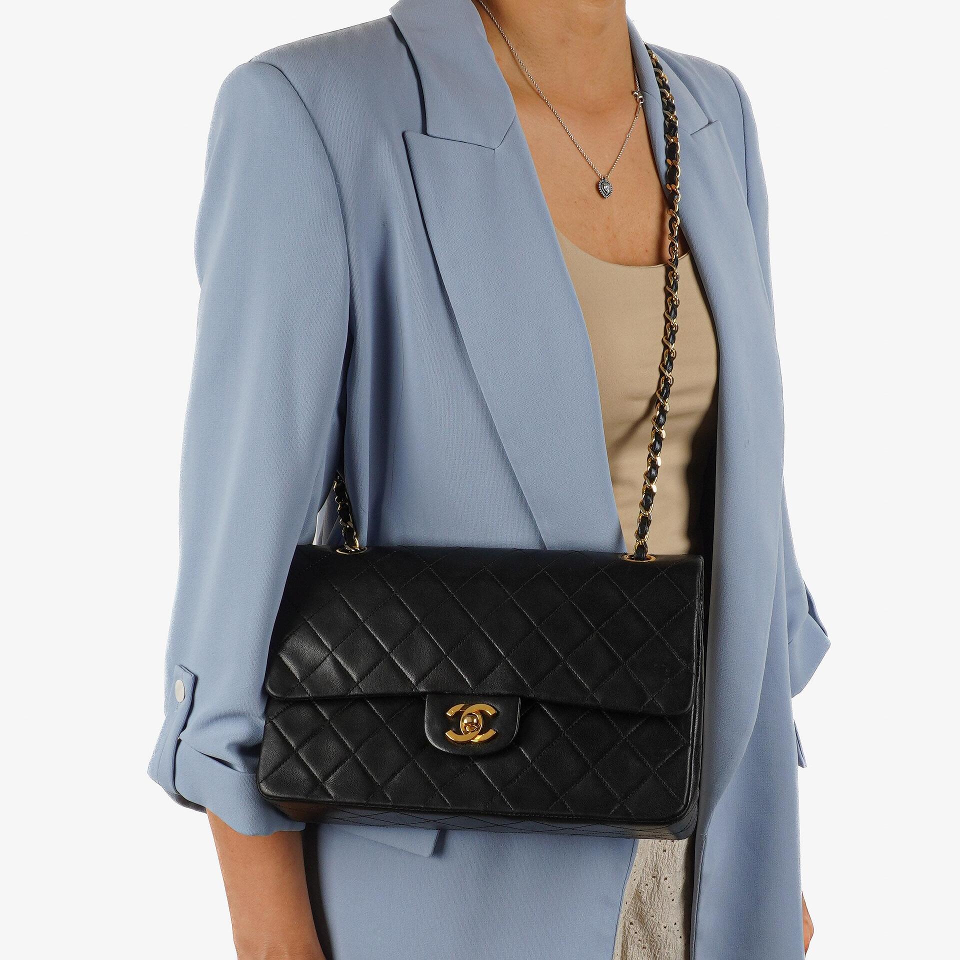 Chanel Medium Classic Vintage Double Flap Bag Black Quilted Lambskin With 24K Gold-Plated Hardware