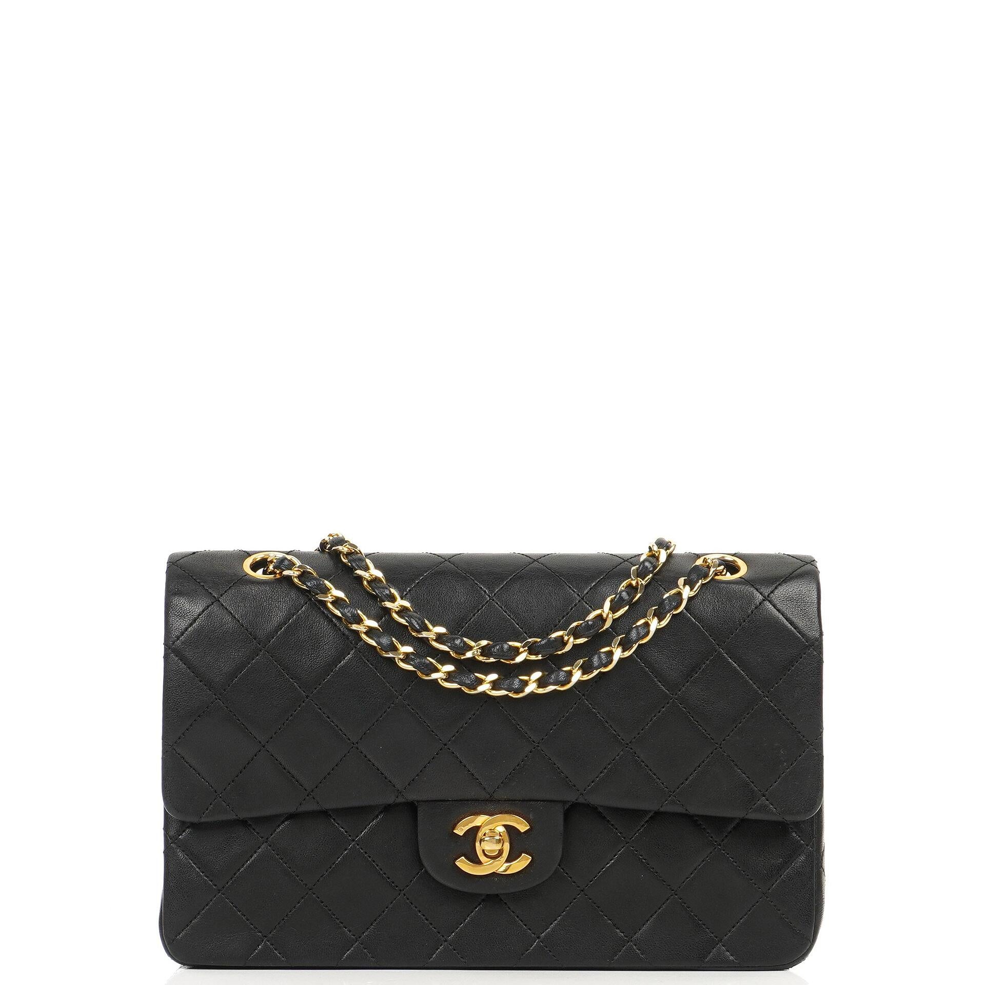 Chanel Medium Classic Vintage Double Flap Bag Black Quilted Lambskin With 24K Gold-Plated Hardware