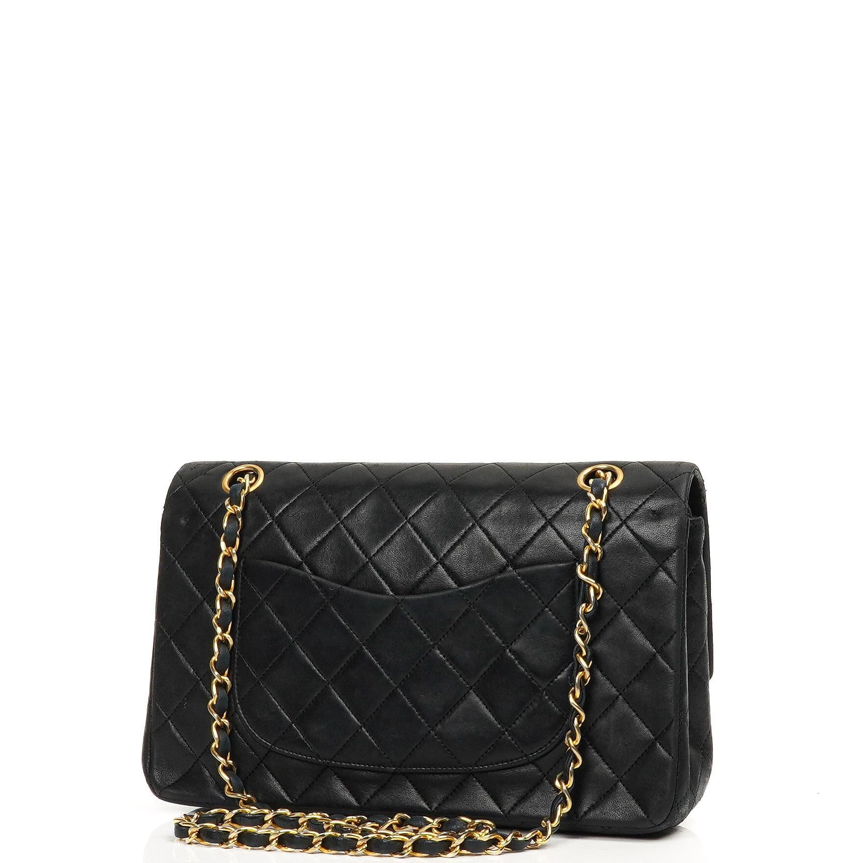 Chanel Medium Classic Vintage Double Flap Bag Black Quilted Lambskin With 24K Gold-Plated Hardware