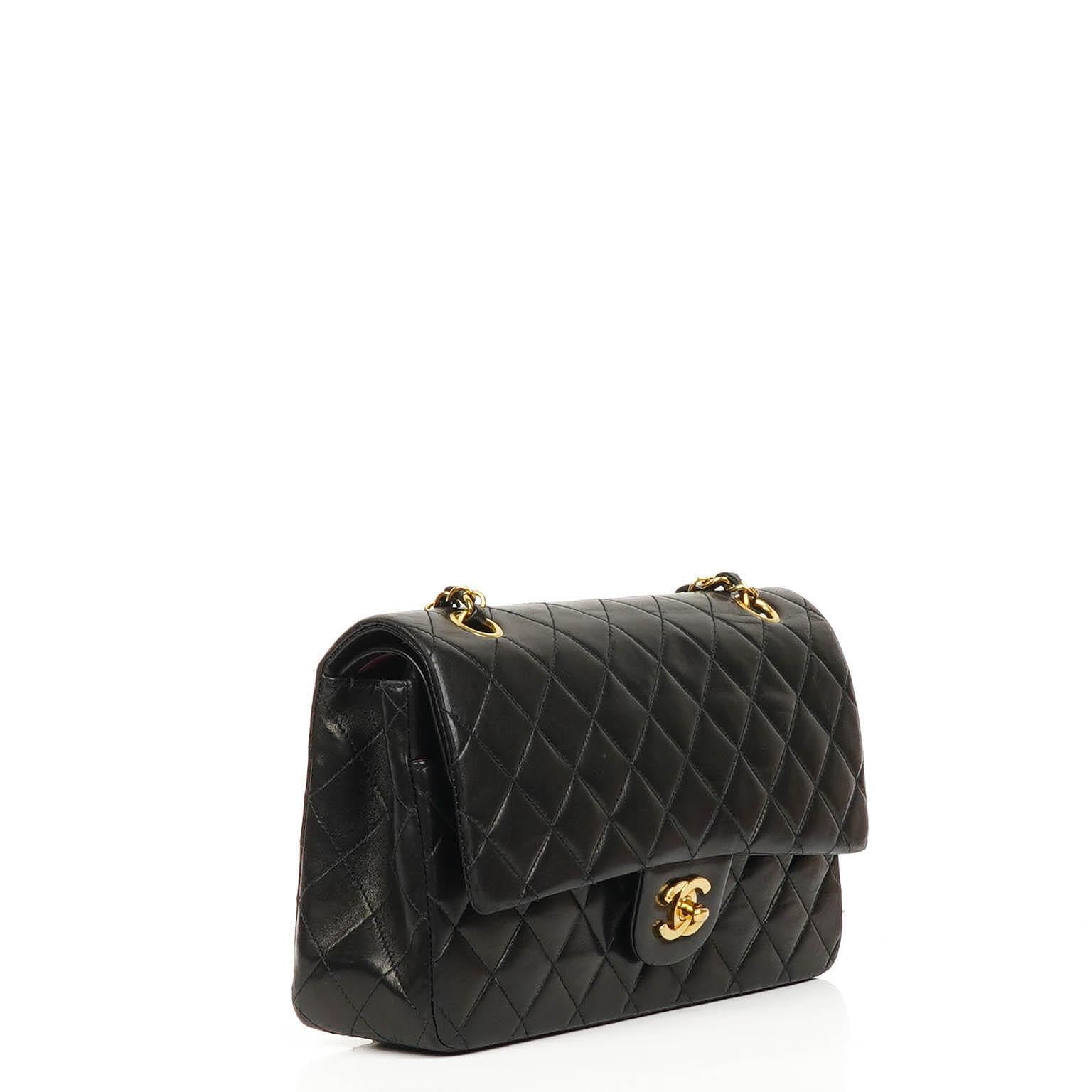 Chanel Medium Classic Vintage Double Flap Bag Black Quilted Lambskin With 24K Gold-Plated Hardware