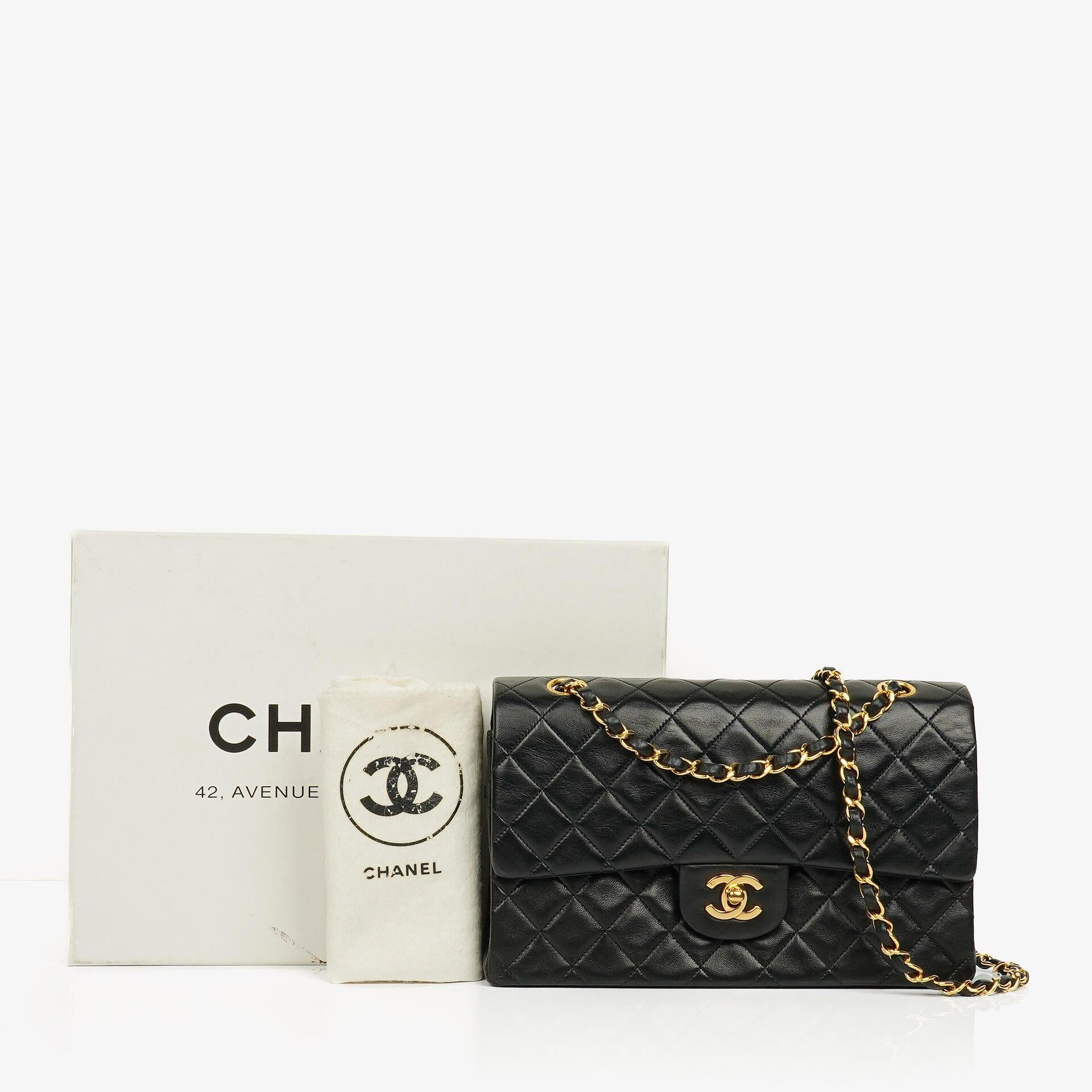 Chanel Medium Classic Vintage Double Flap Bag Black Quilted Lambskin With 24K Gold-Plated Hardware