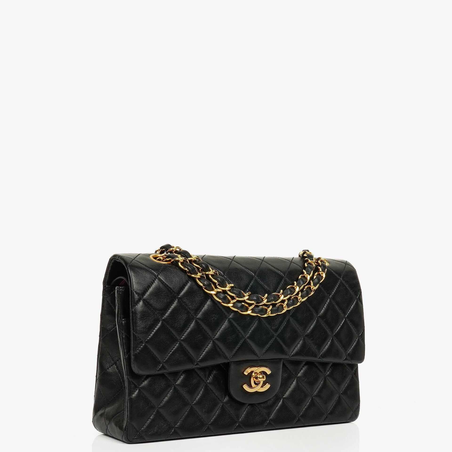 Chanel Medium Classic Vintage Double Flap Bag Black Quilted Lambskin With 24K Gold-Plated Hardware