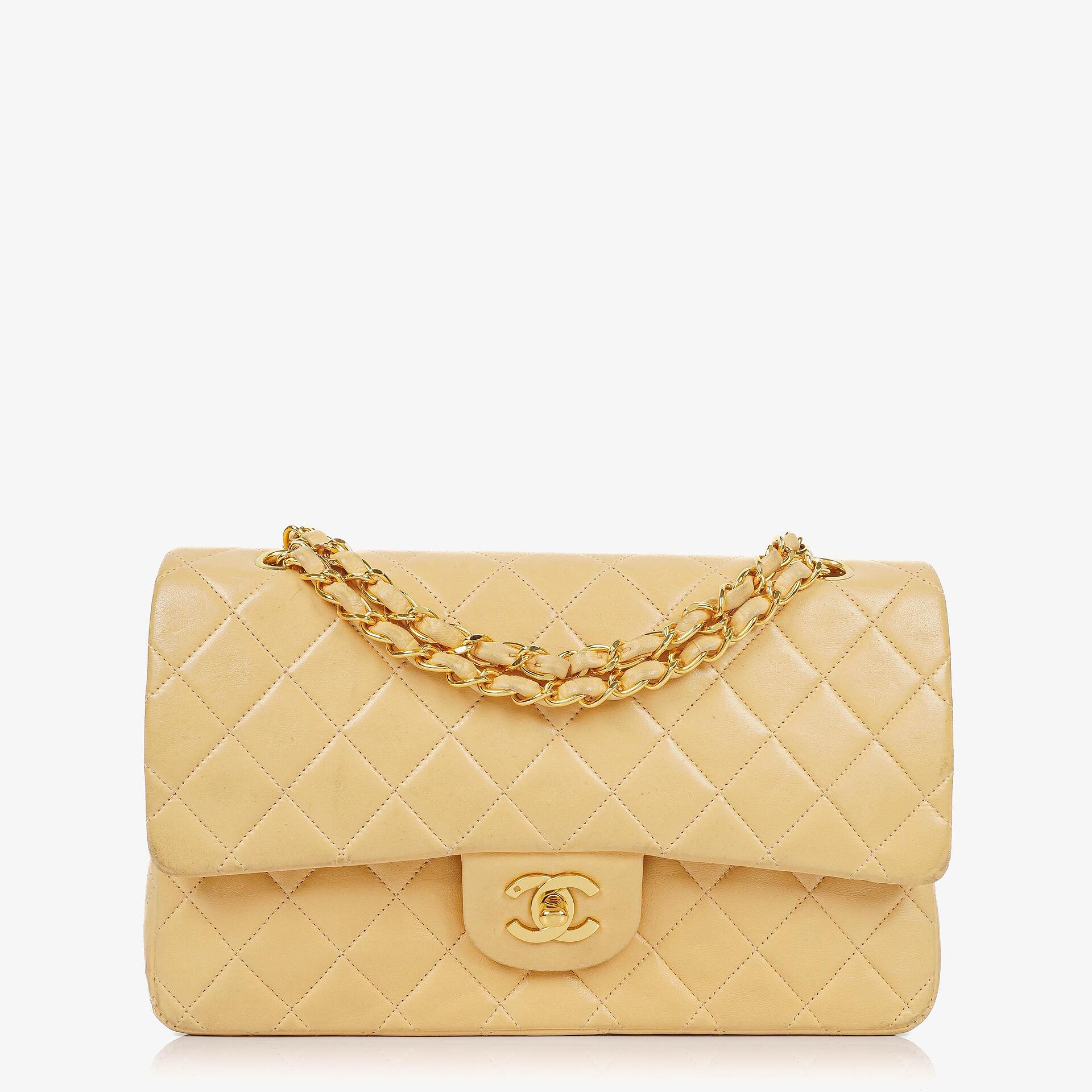Chanel Medium Classic Vintage Double Flap Bag Neutral Beige Quilted Lambskin 24K Gold-Plated Hardware