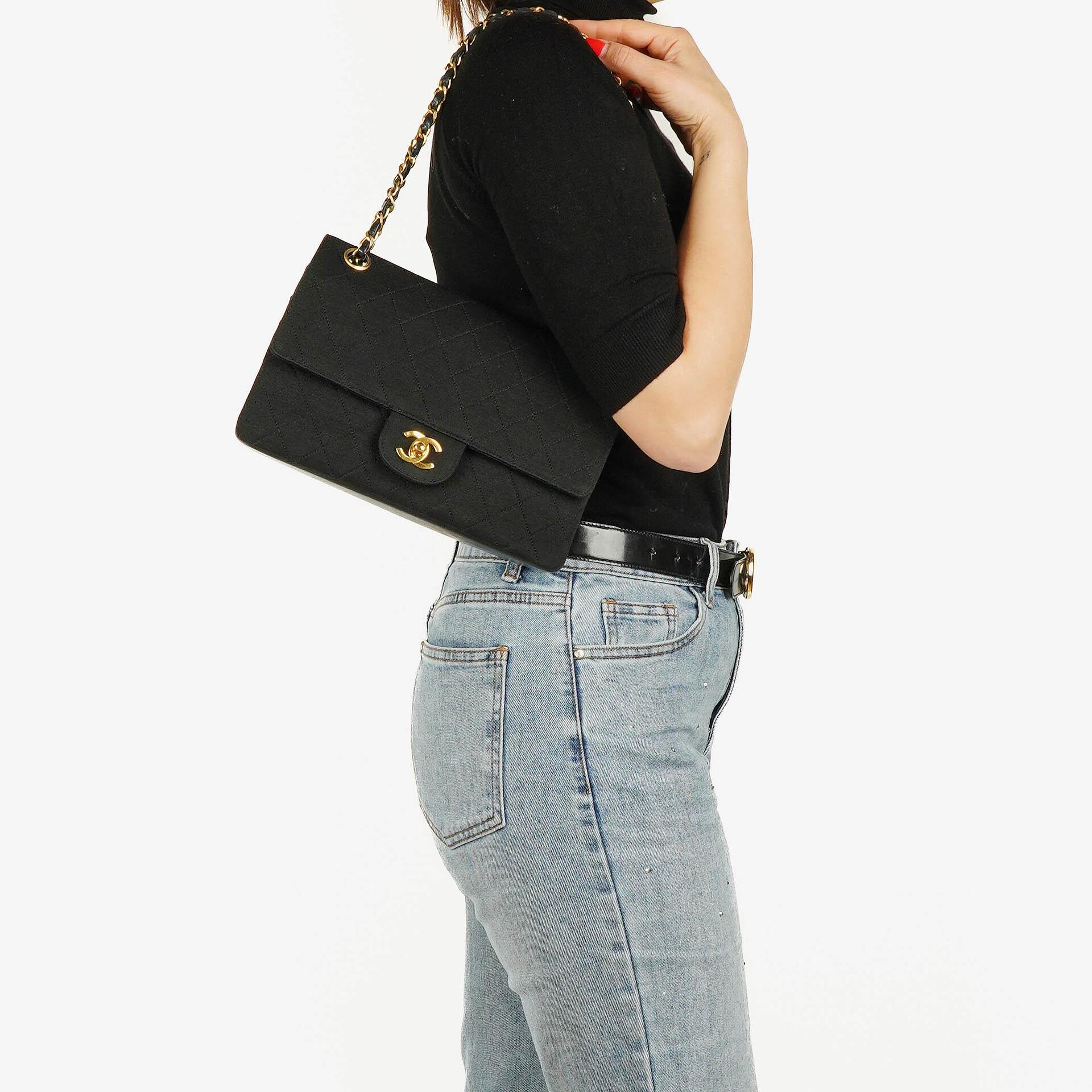 Chanel Medium Classic Vintage Double Flap Bag Quilted Lambskin And Jersey 24K Gold-Plated Hardware