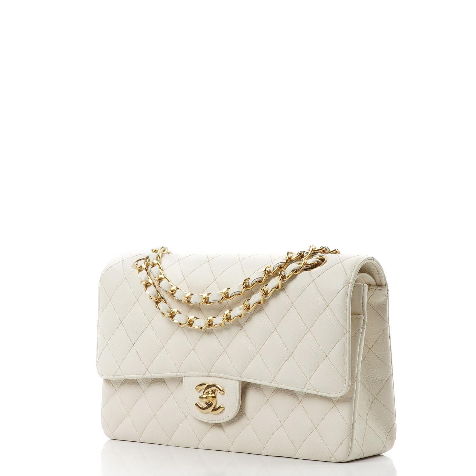 Chanel Medium Classic Vintage Double Flap Bag White Quilted Caviar Leather 24K Champagne Gold-Plated Hardware