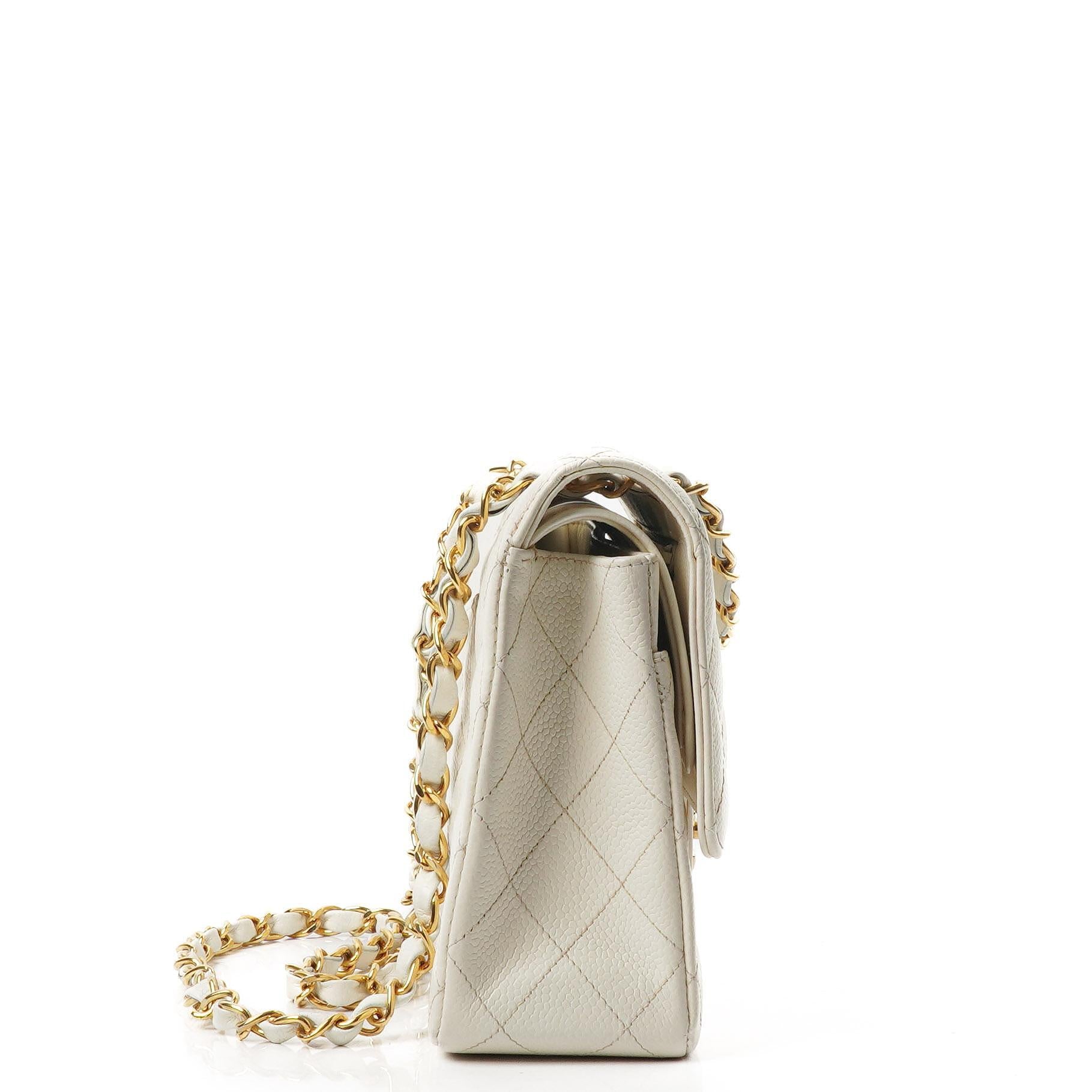 Chanel Medium Classic Vintage Double Flap Bag White Quilted Caviar Leather 24K Champagne Gold-Plated Hardware