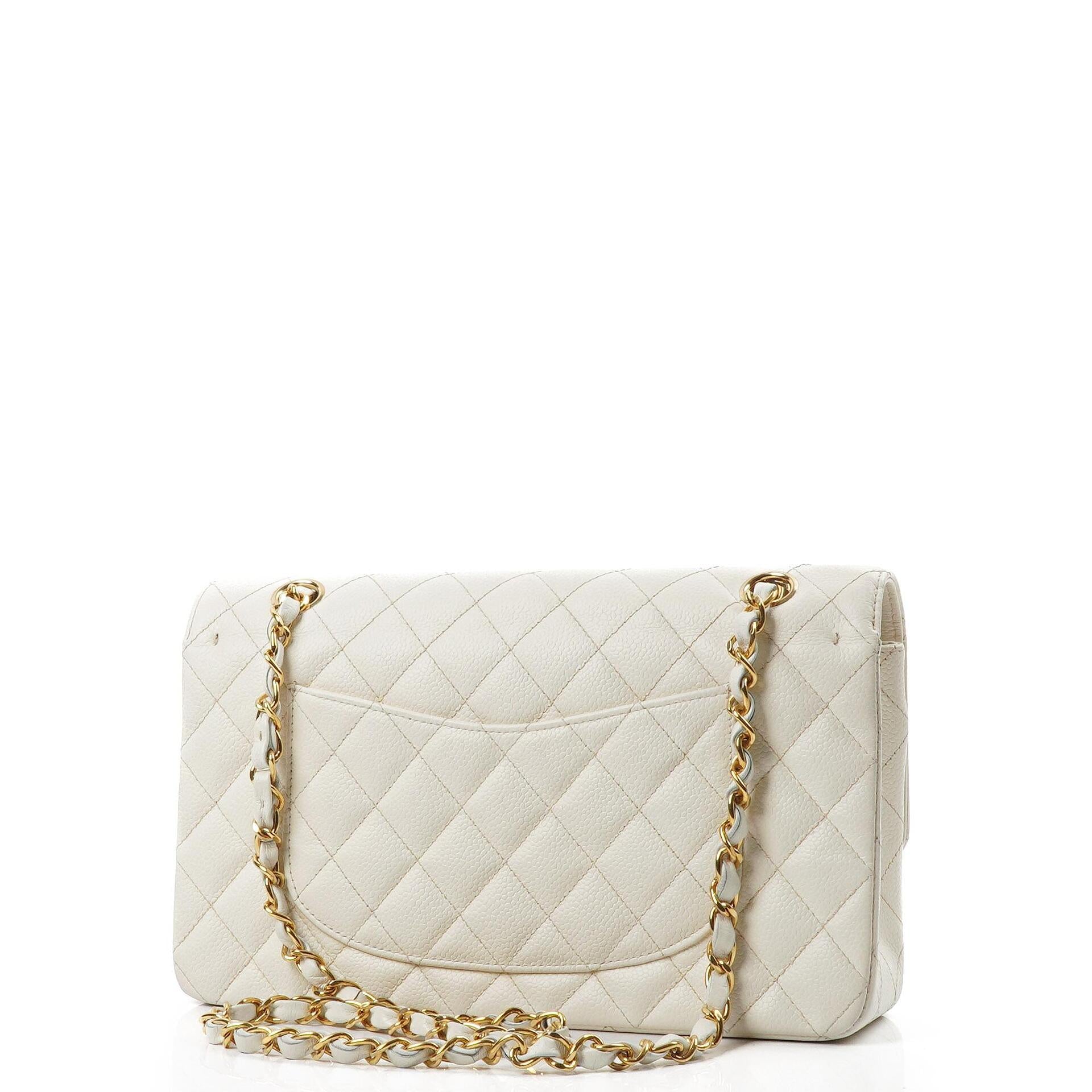 Chanel Medium Classic Vintage Double Flap Bag White Quilted Caviar Leather 24K Champagne Gold-Plated Hardware