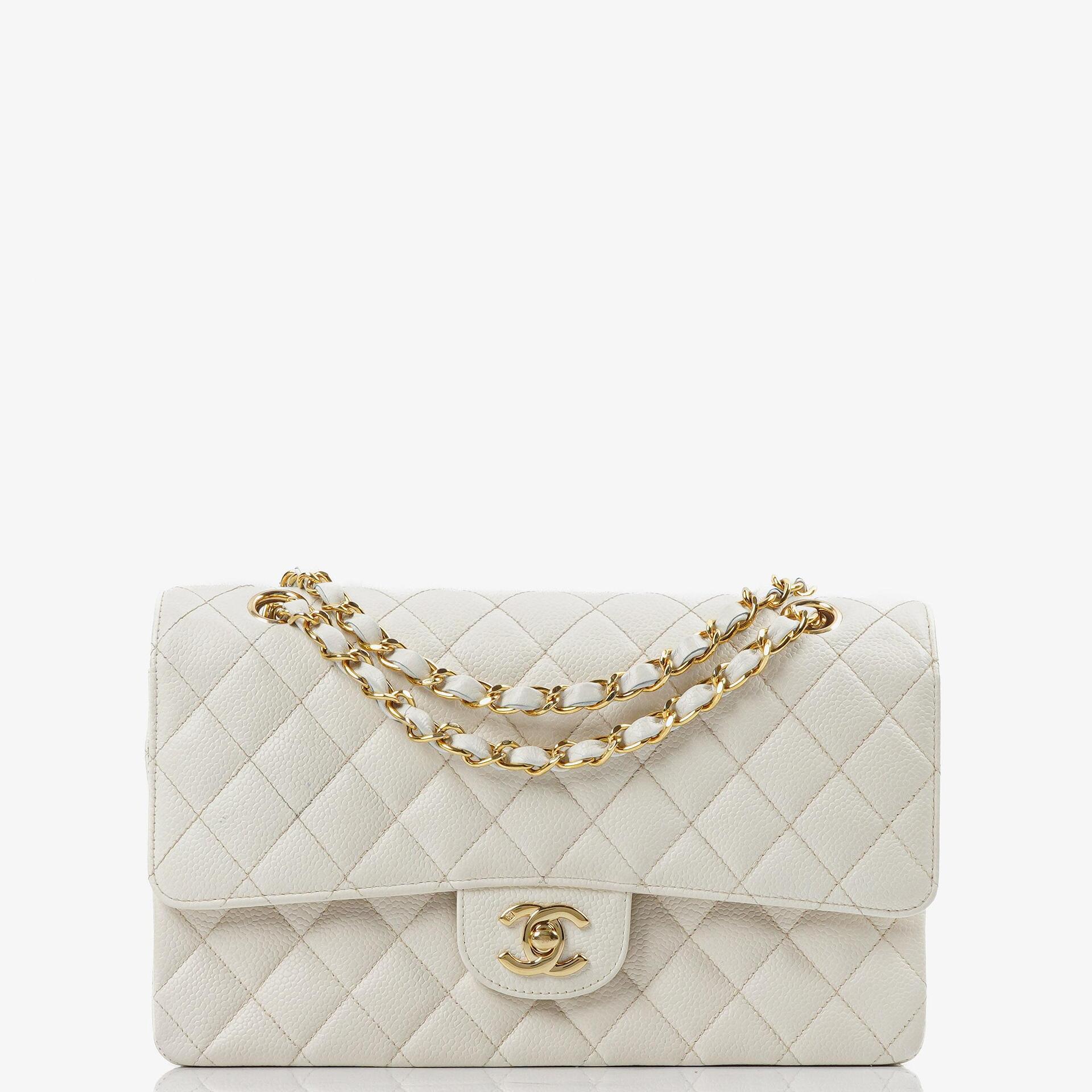 Chanel Medium Classic Vintage Double Flap Bag White Quilted Caviar Leather 24K Champagne Gold-Plated Hardware