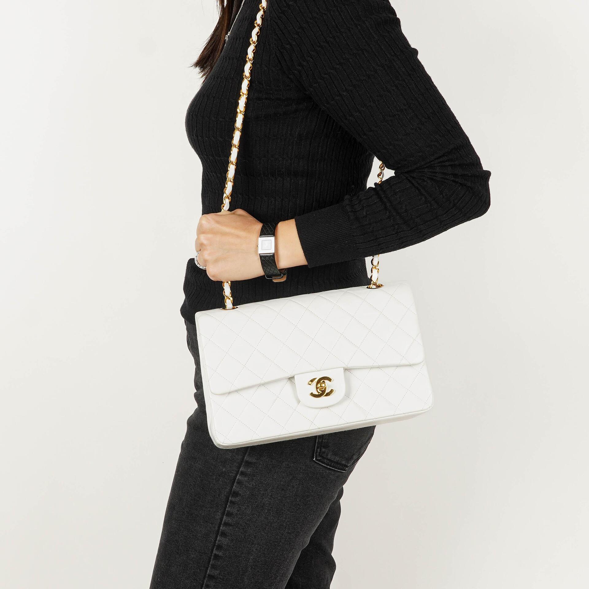 Chanel Medium Classic Vintage Double Flap Bag White Quilted Lambskin 24K Gold-Plated Hardware