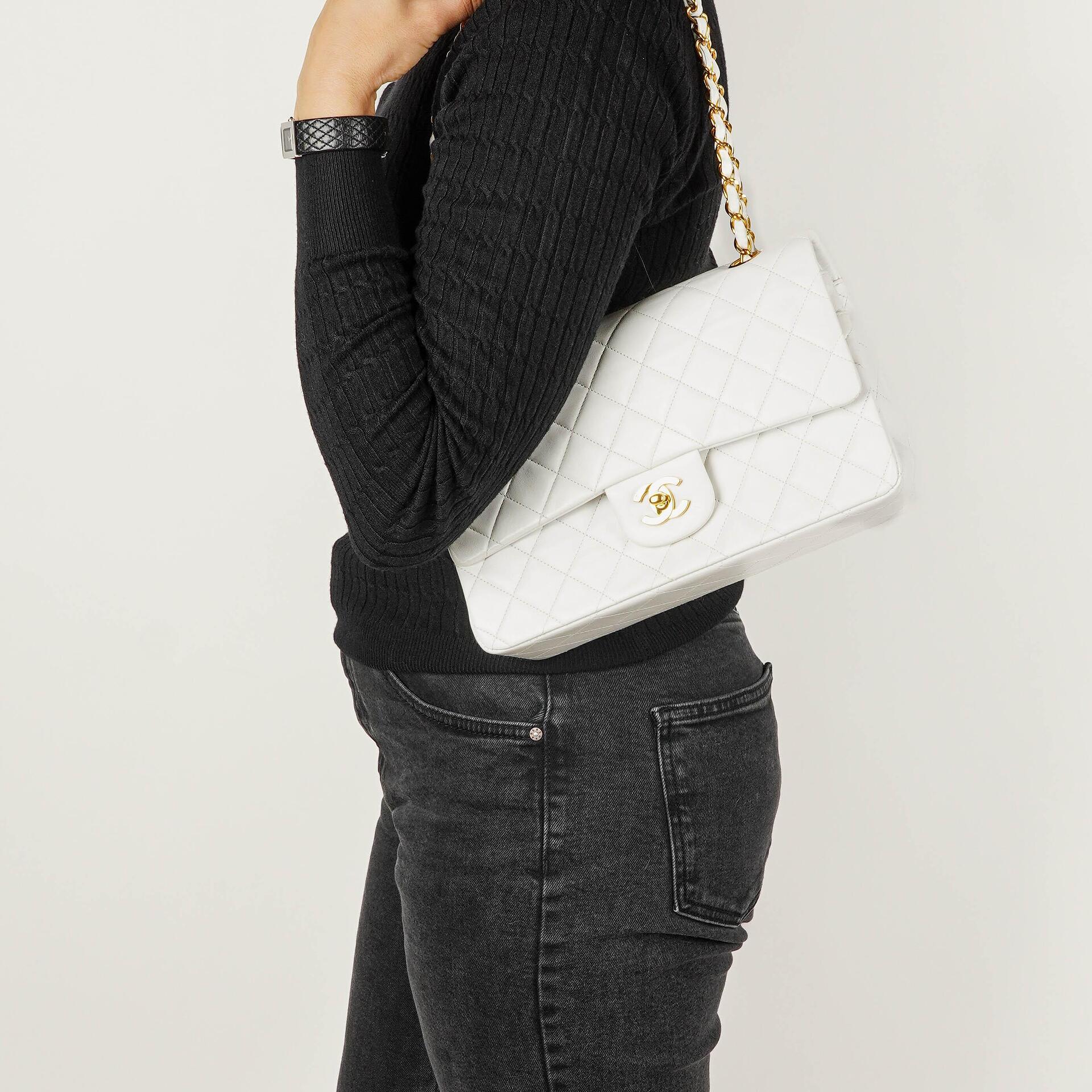 Chanel Medium Classic Vintage Double Flap Bag White Quilted Lambskin 24K Gold-Plated Hardware