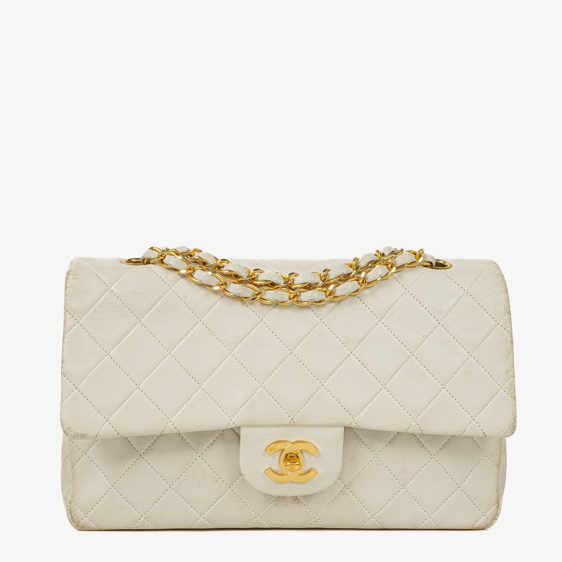 Chanel Medium Classic Vintage Double Flap Bag White Quilted Lambskin 24K Gold-Plated Hardware