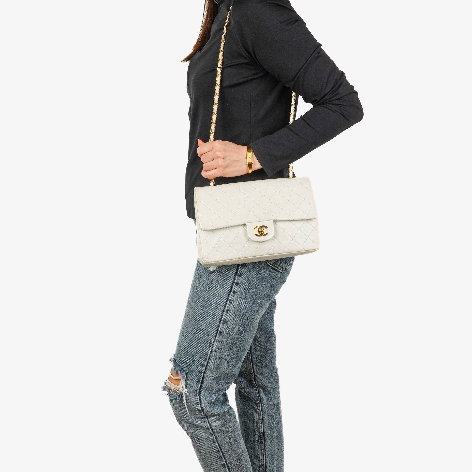 Chanel Medium Classic Vintage Double Flap Bag White Quilted Lambskin 24K Gold-Plated Hardware