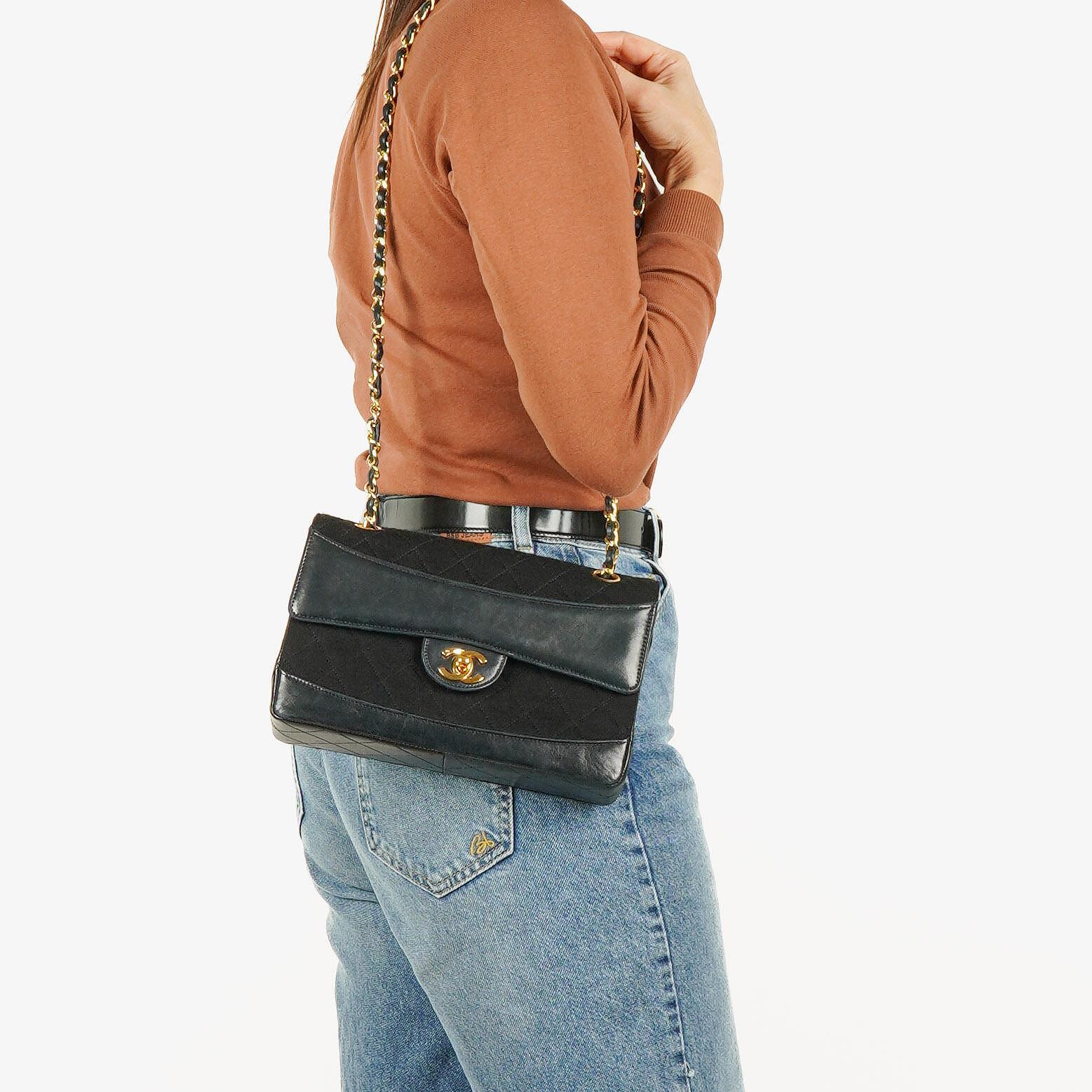 Chanel Medium Classic Vintage Single Flap Bag Quilted Lambskin And Jersey 24K Gold-Plated Hardware