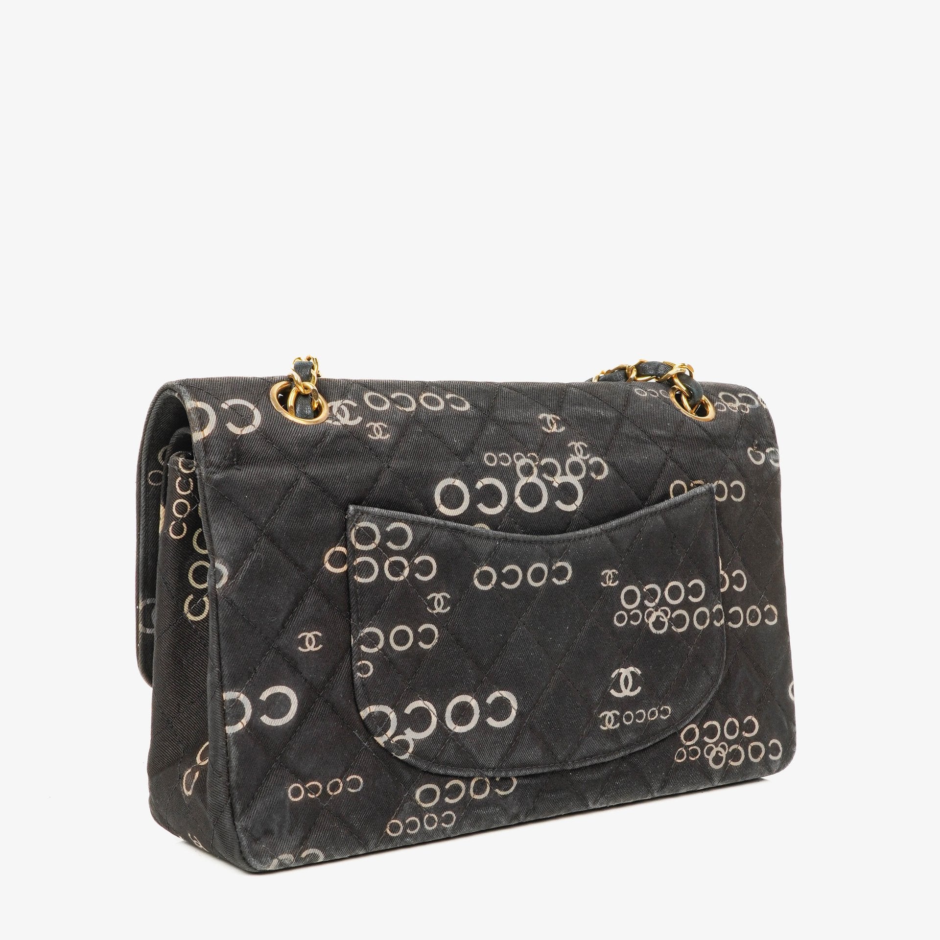 Chanel Medium Coco Black White Printed Quilted Canvas Double Flap Bag