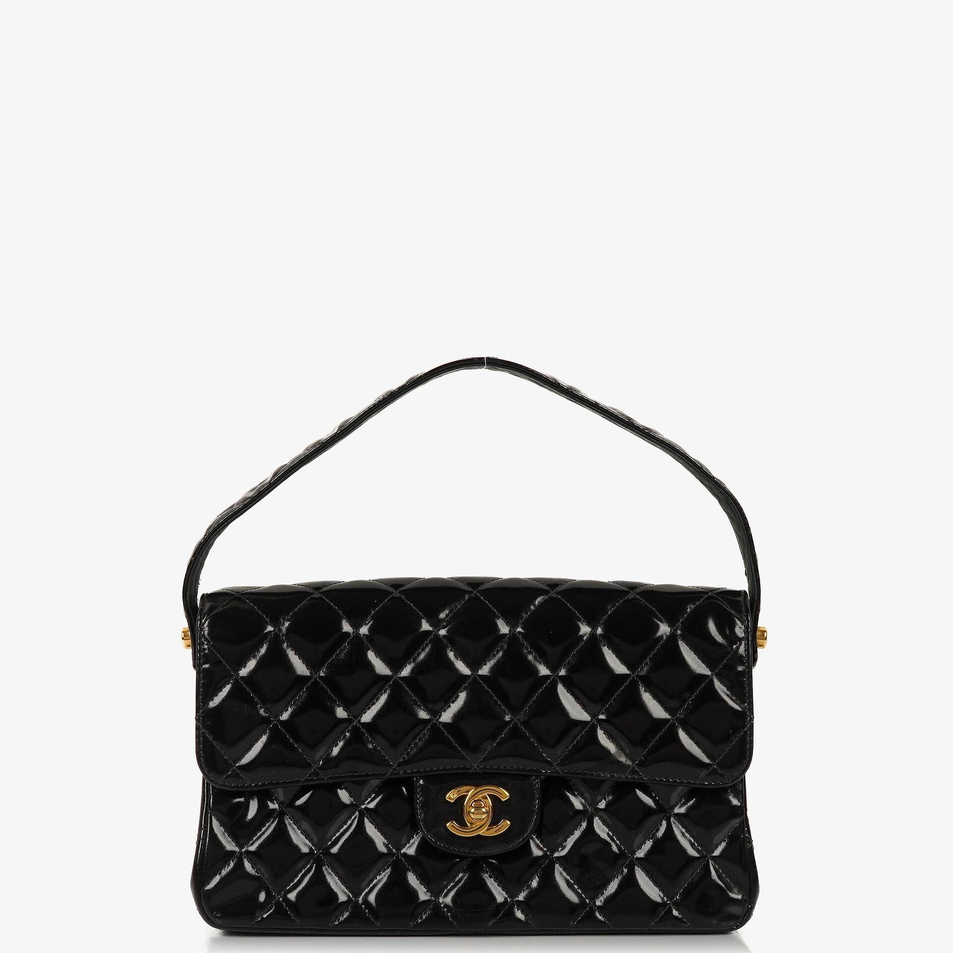 Chanel Medium Double Sided Flap Bag Black Quilted Patent Leather 24K Gold-Plated Hardware