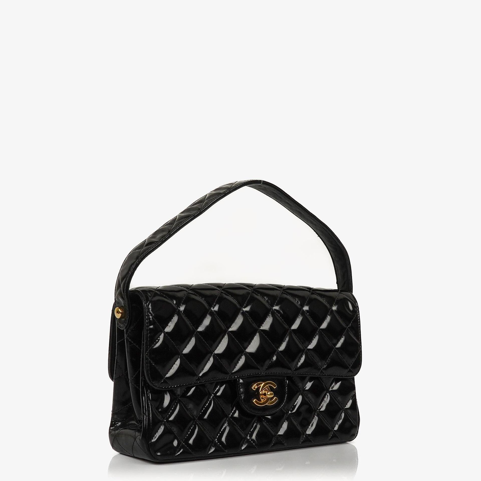 Chanel Medium Double Sided Flap Bag Black Quilted Patent Leather 24K Gold-Plated Hardware