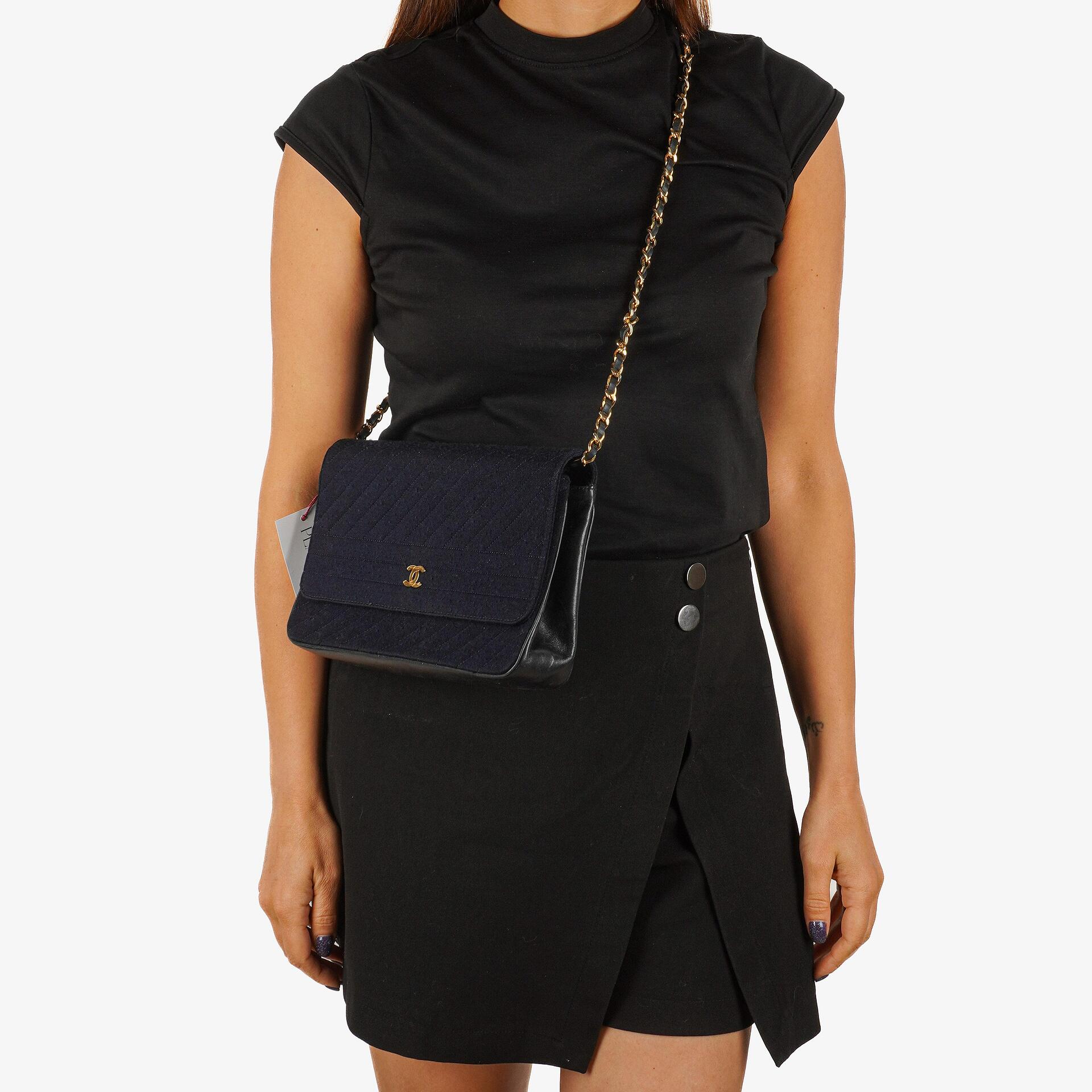 Chanel Medium Single Flap Bag In Navy Diagonal Quilted Jersey And Leather With 24K Gold-Plated Hardware
