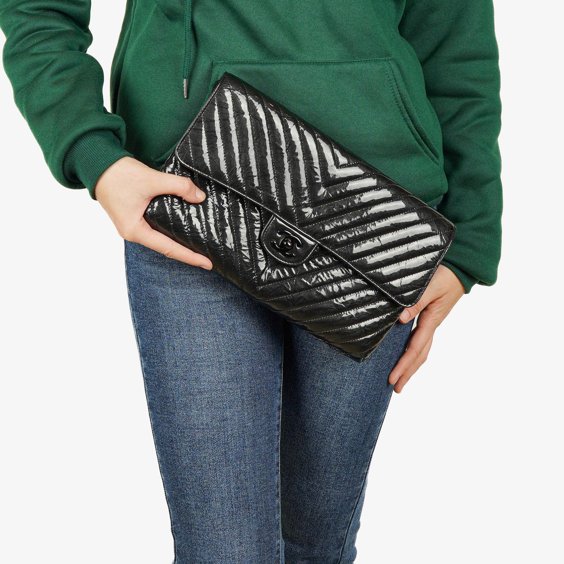 Chanel Metallic Black Crumpled Patent Calfskin Chevron Flap Clutch