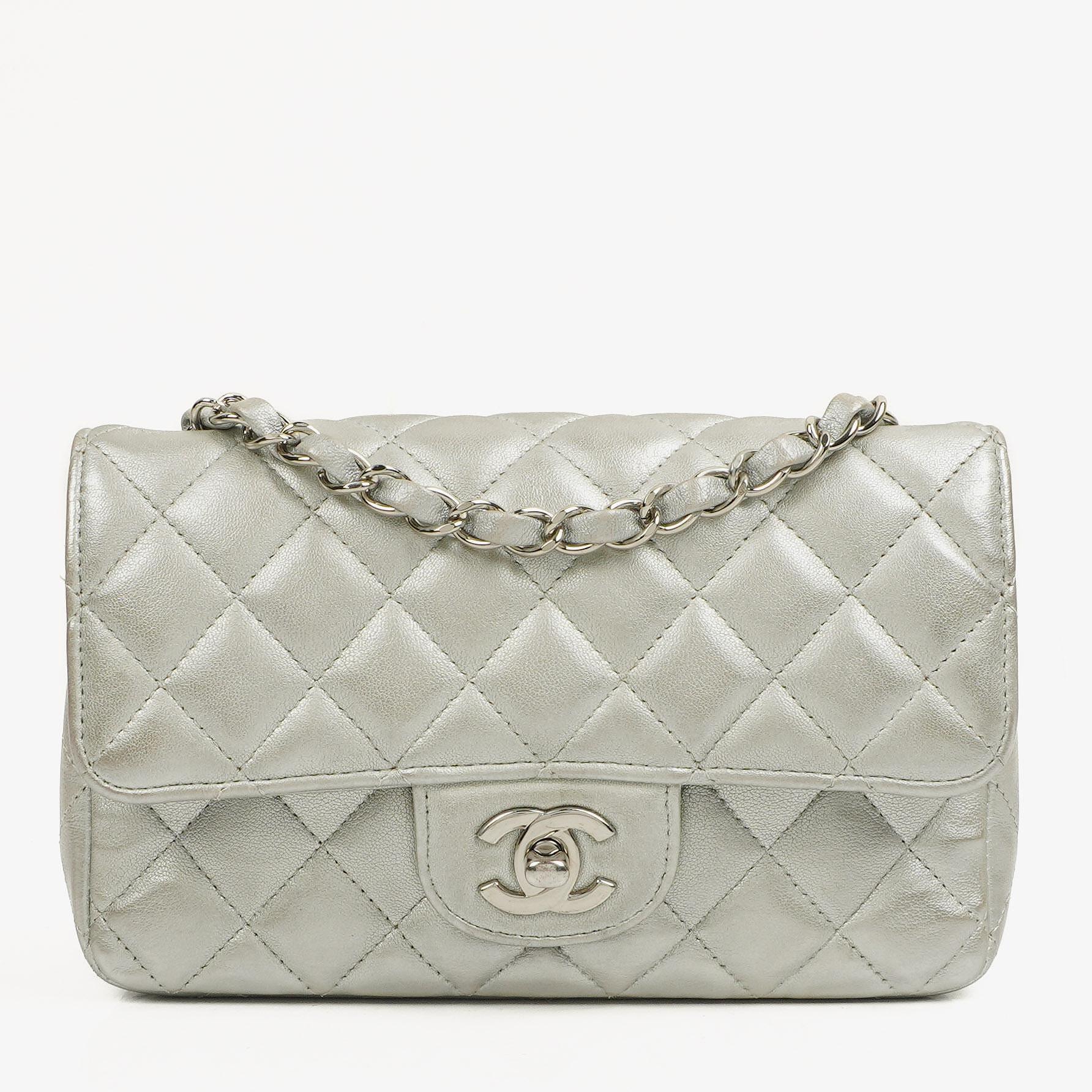 Chanel Mini Rectangular Single Flap Bag Metalic Silver Quilted Lambskin SIlver Tone Hardware