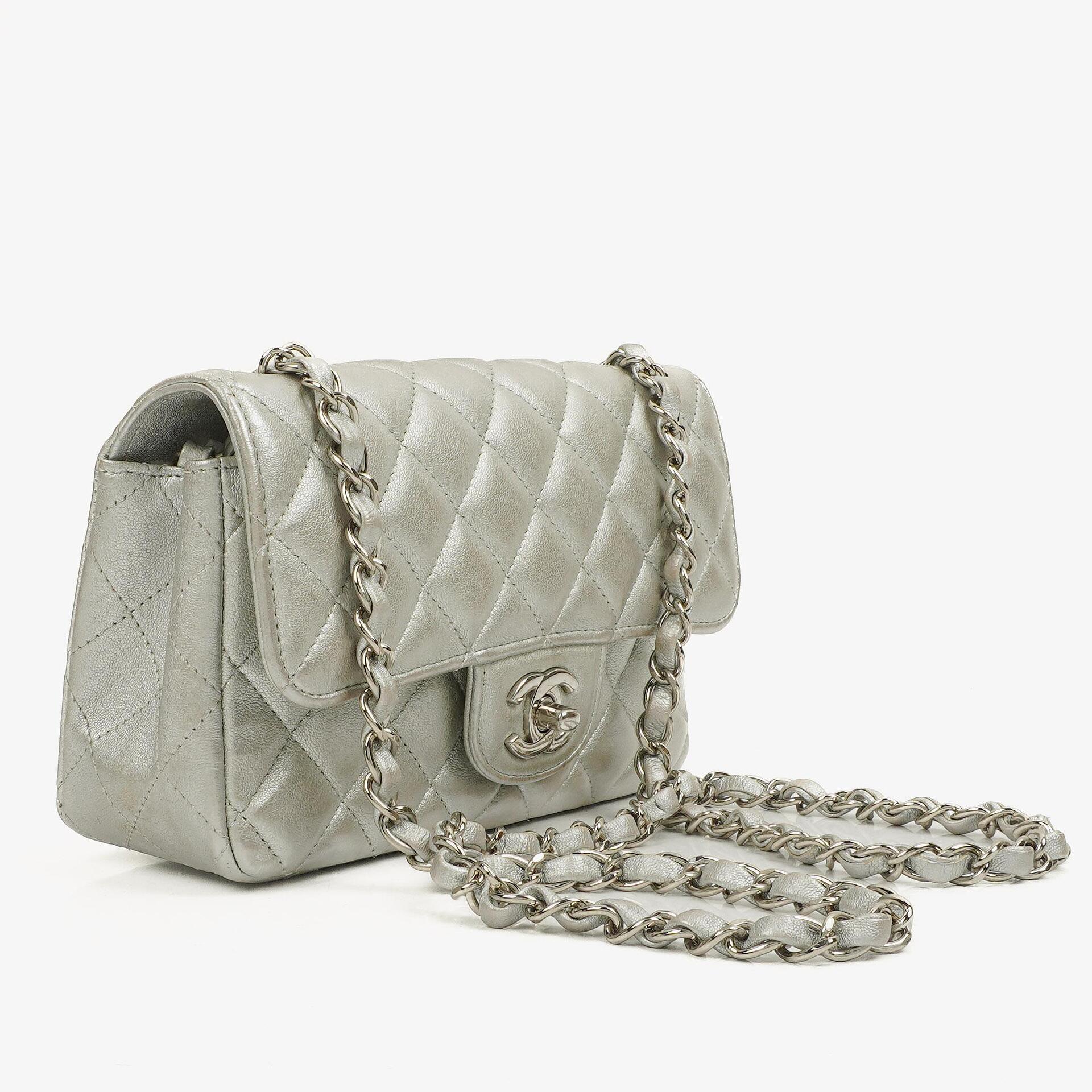 Chanel Mini Rectangular Single Flap Bag Metalic Silver Quilted Lambskin SIlver Tone Hardware