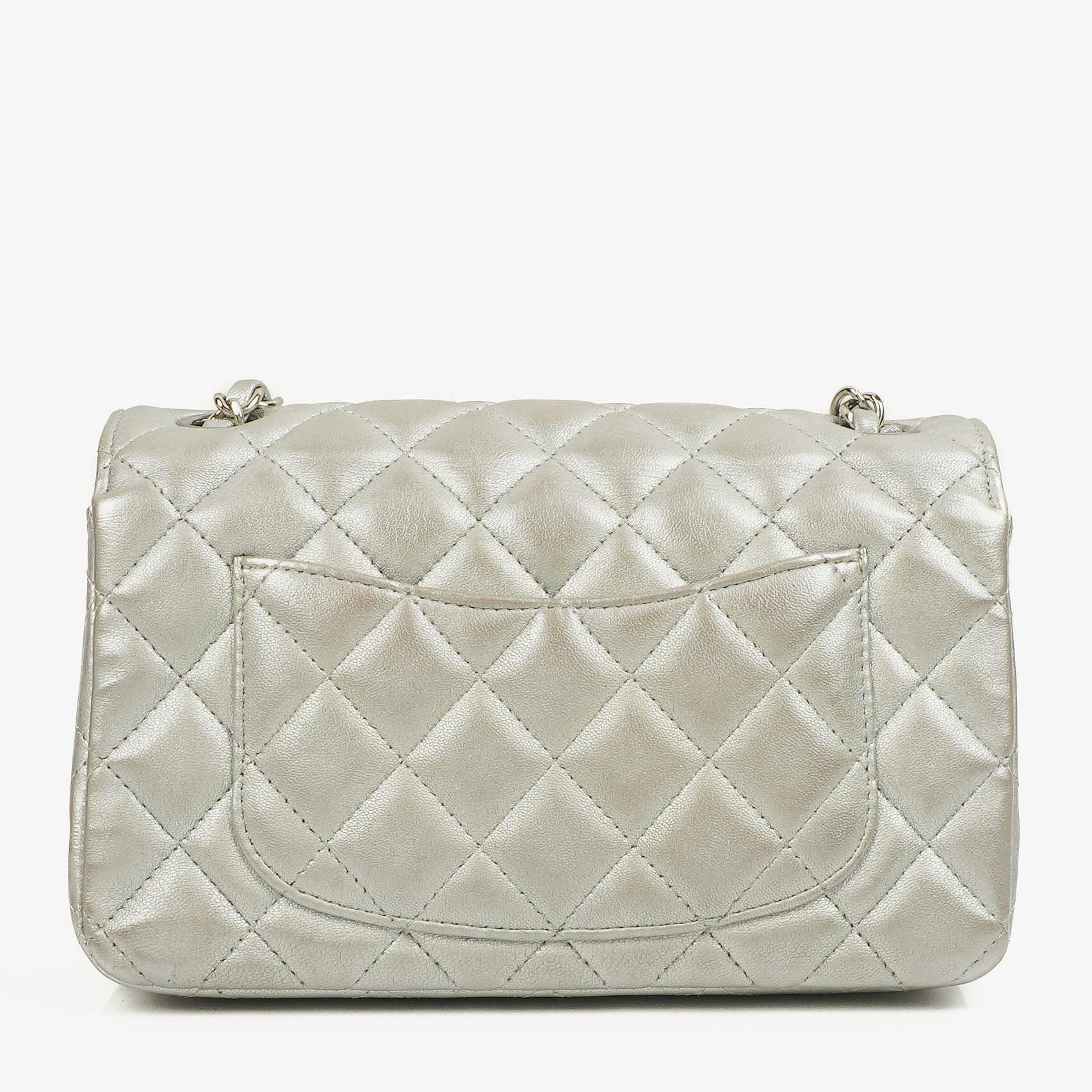 Chanel Mini Rectangular Single Flap Bag Metalic Silver Quilted Lambskin SIlver Tone Hardware