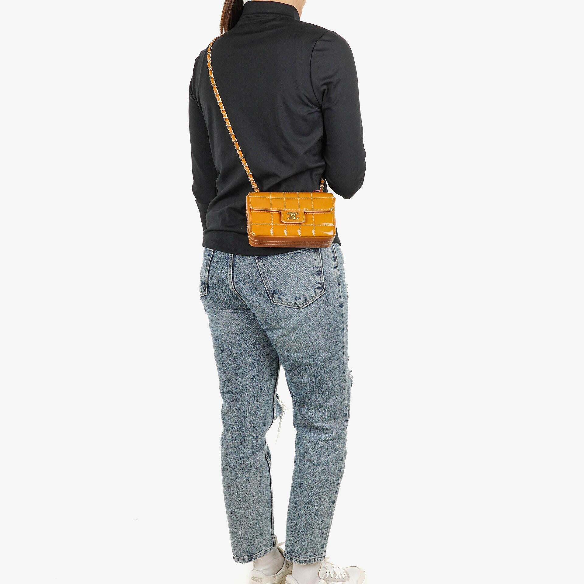 Chanel Mini Chocolate Bar Qulted Patent Leather Flap Bag With 24K Gold-Plated Hardware