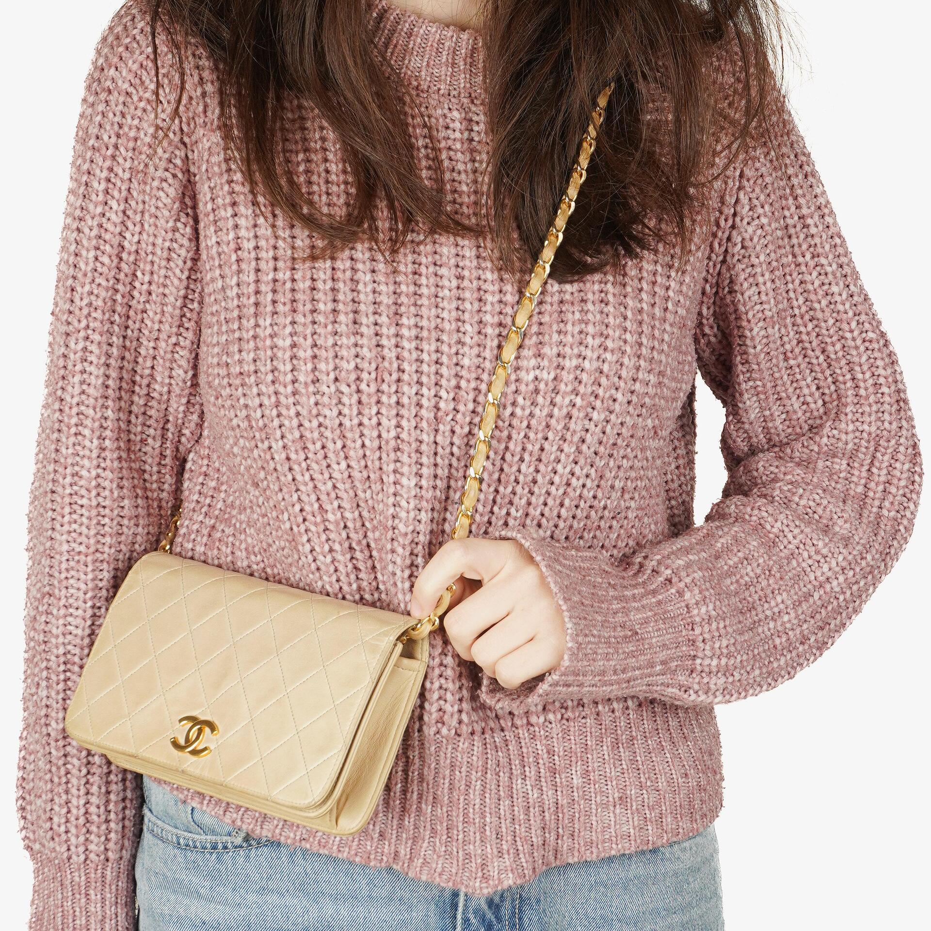 Chanel Mini Classic Beige Quilted Lambskin Full Flap Wallet On Chain WOC With 24K Gold-Plated Hardware