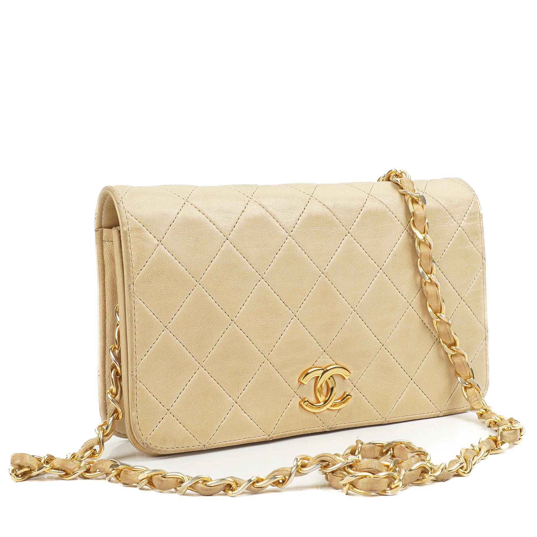 Chanel Mini Classic Beige Quilted Lambskin Full Flap Wallet On Chain WOC With 24K Gold-Plated Hardware